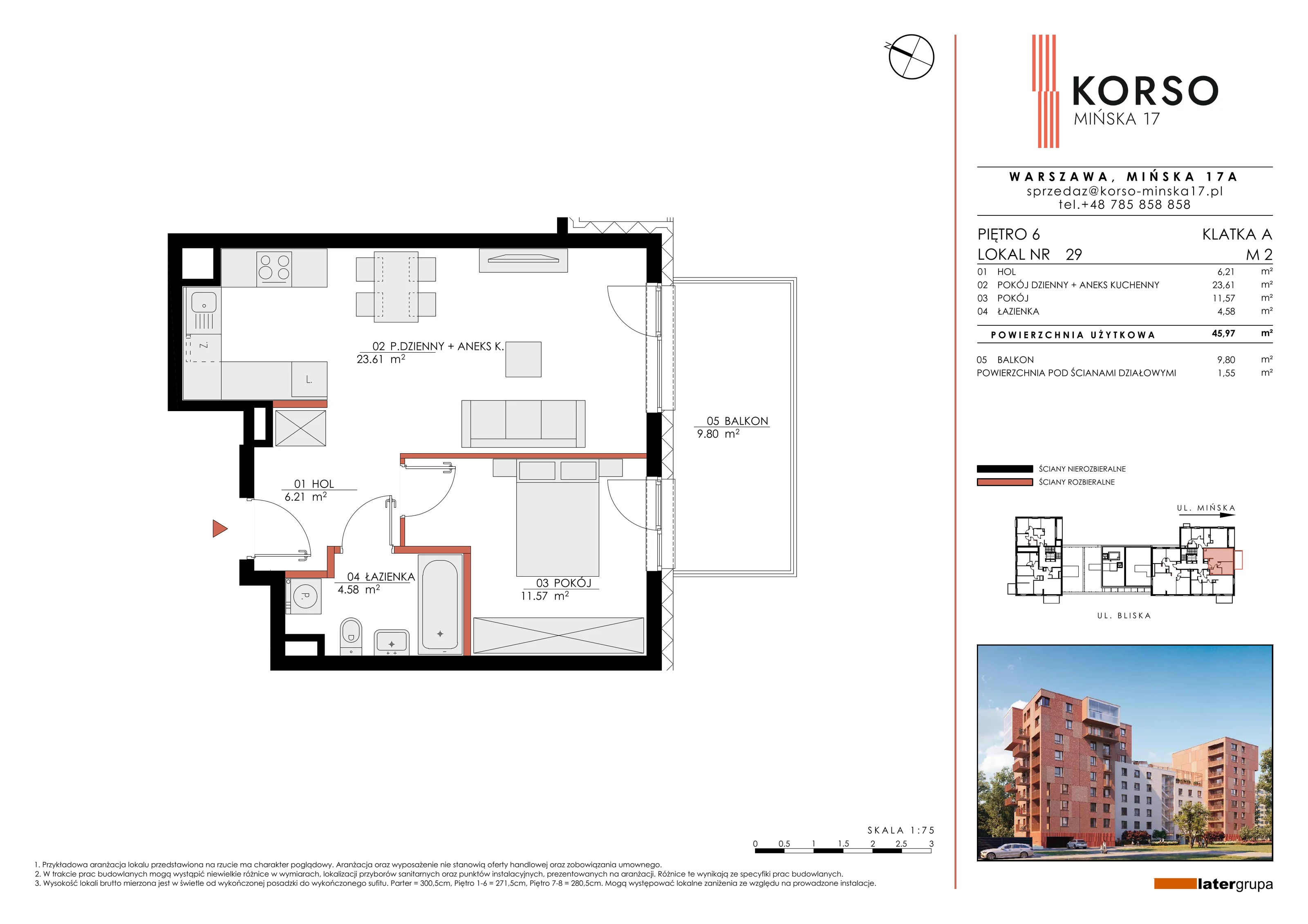 2 pokoje, mieszkanie 45,97 m², piętro 6, oferta nr 29, KORSO Mińska 17, Warszawa, Praga Południe, Kamionek, ul. Mińska 17