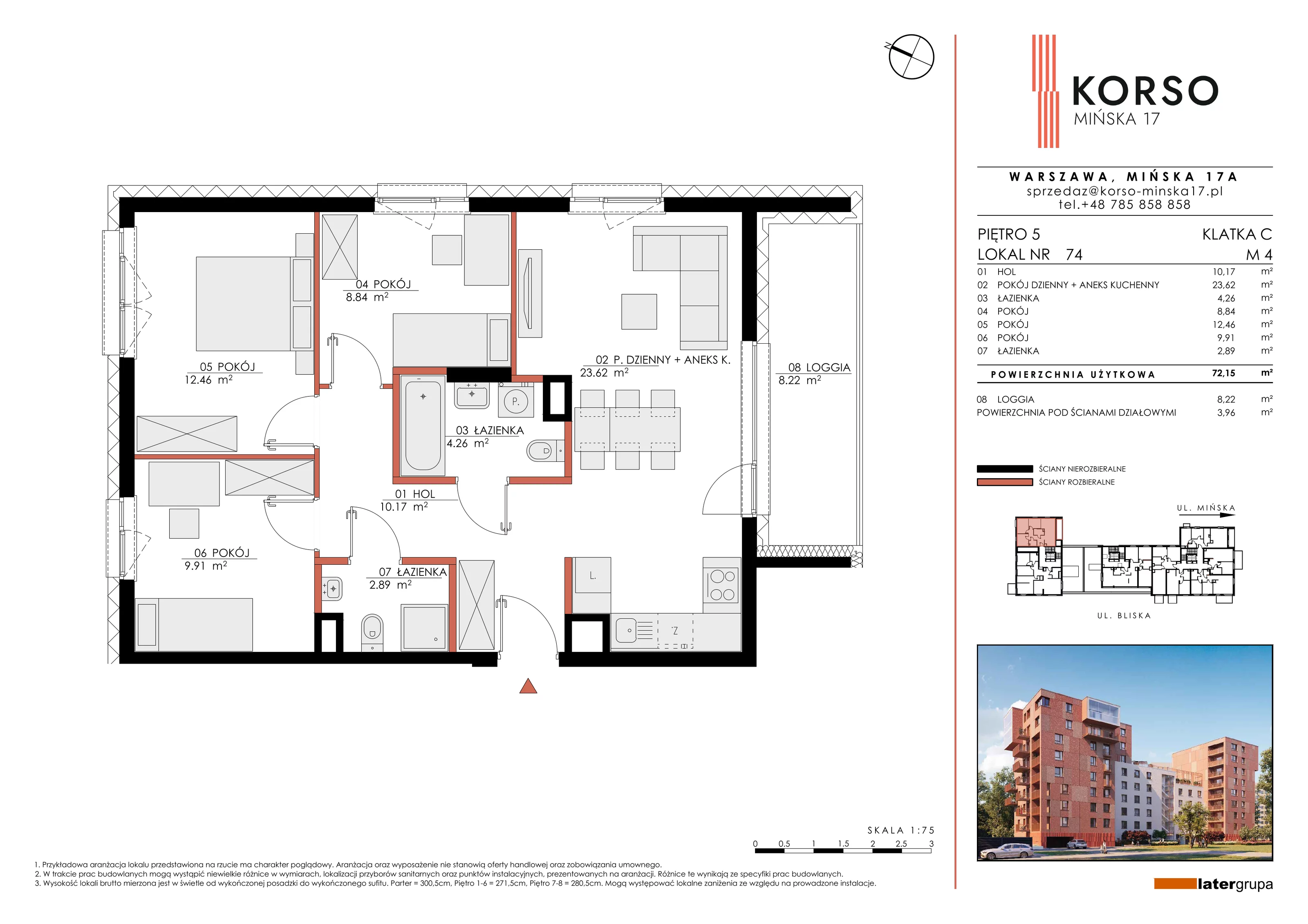 4 pokoje, apartament 72,15 m², piętro 5, oferta nr 74, KORSO Mińska 17, Warszawa, Praga Południe, Kamionek, ul. Mińska 17