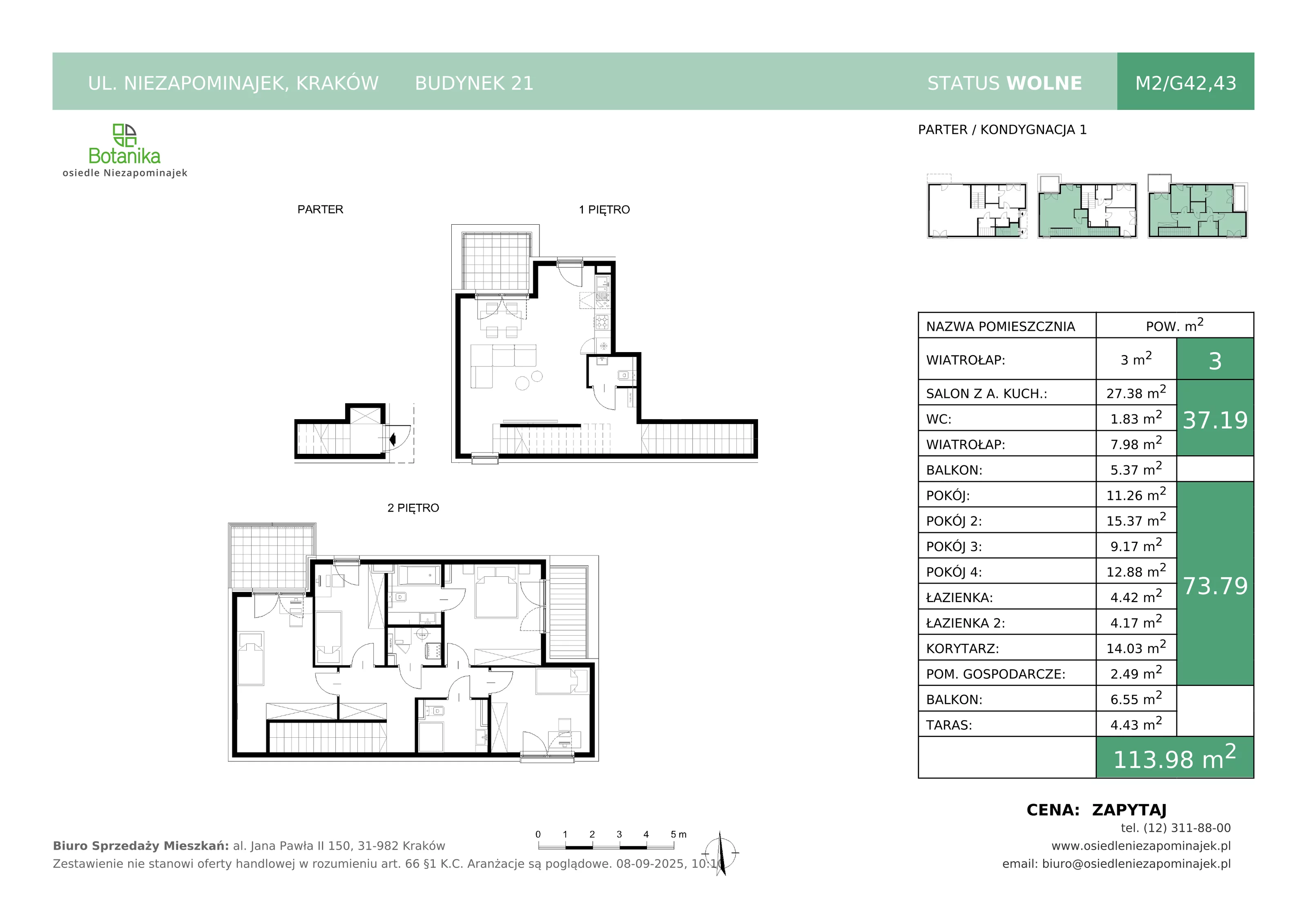 5 pokoi, mieszkanie 113,98 m², parter, oferta nr M2/G42,43, Osiedle Niezapominajek, Kraków, Zwierzyniec, ul. Niezapominajek