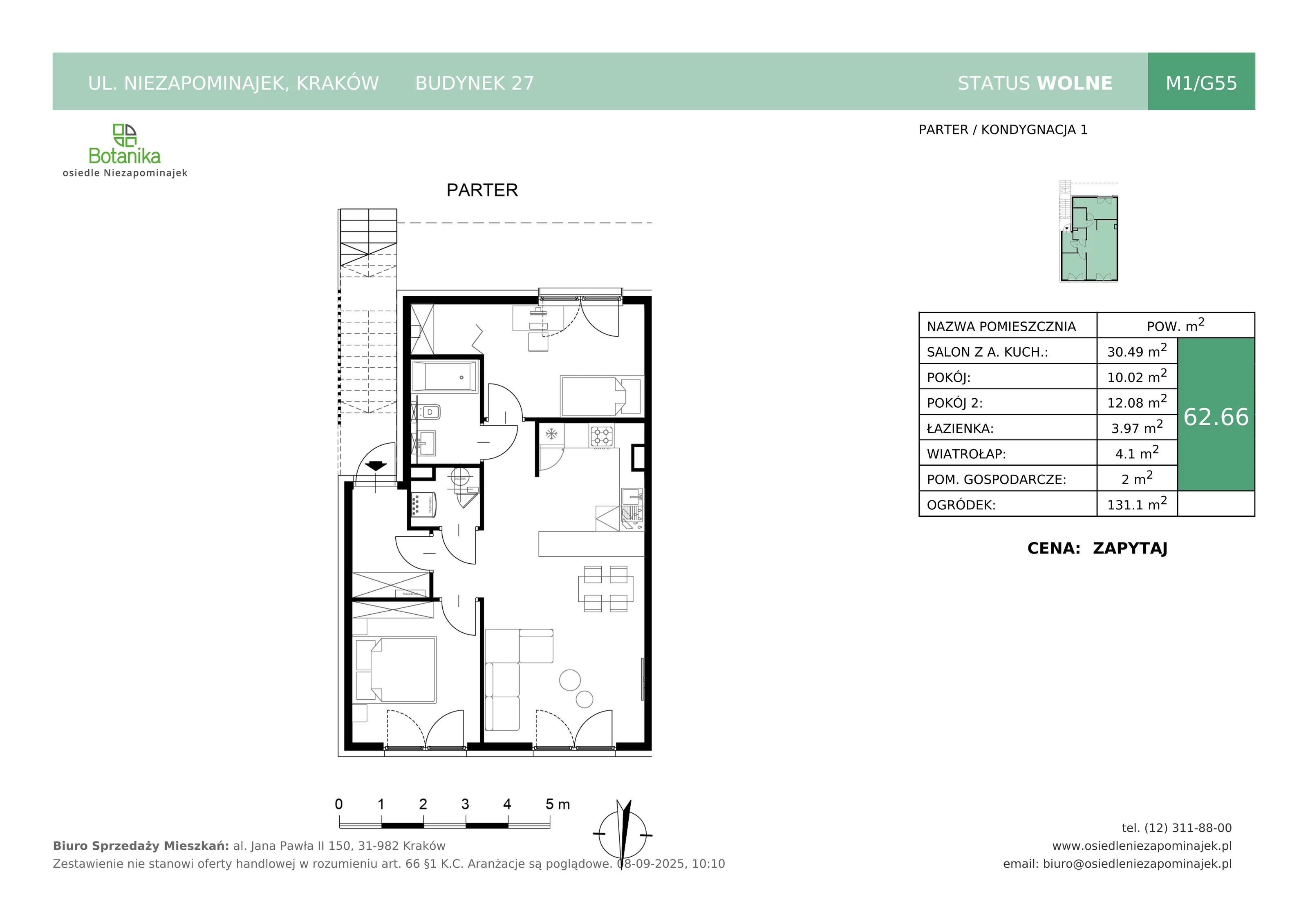 3 pokoje, mieszkanie 62,66 m², parter, oferta nr M1/G55, Osiedle Niezapominajek, Kraków, Zwierzyniec, ul. Niezapominajek