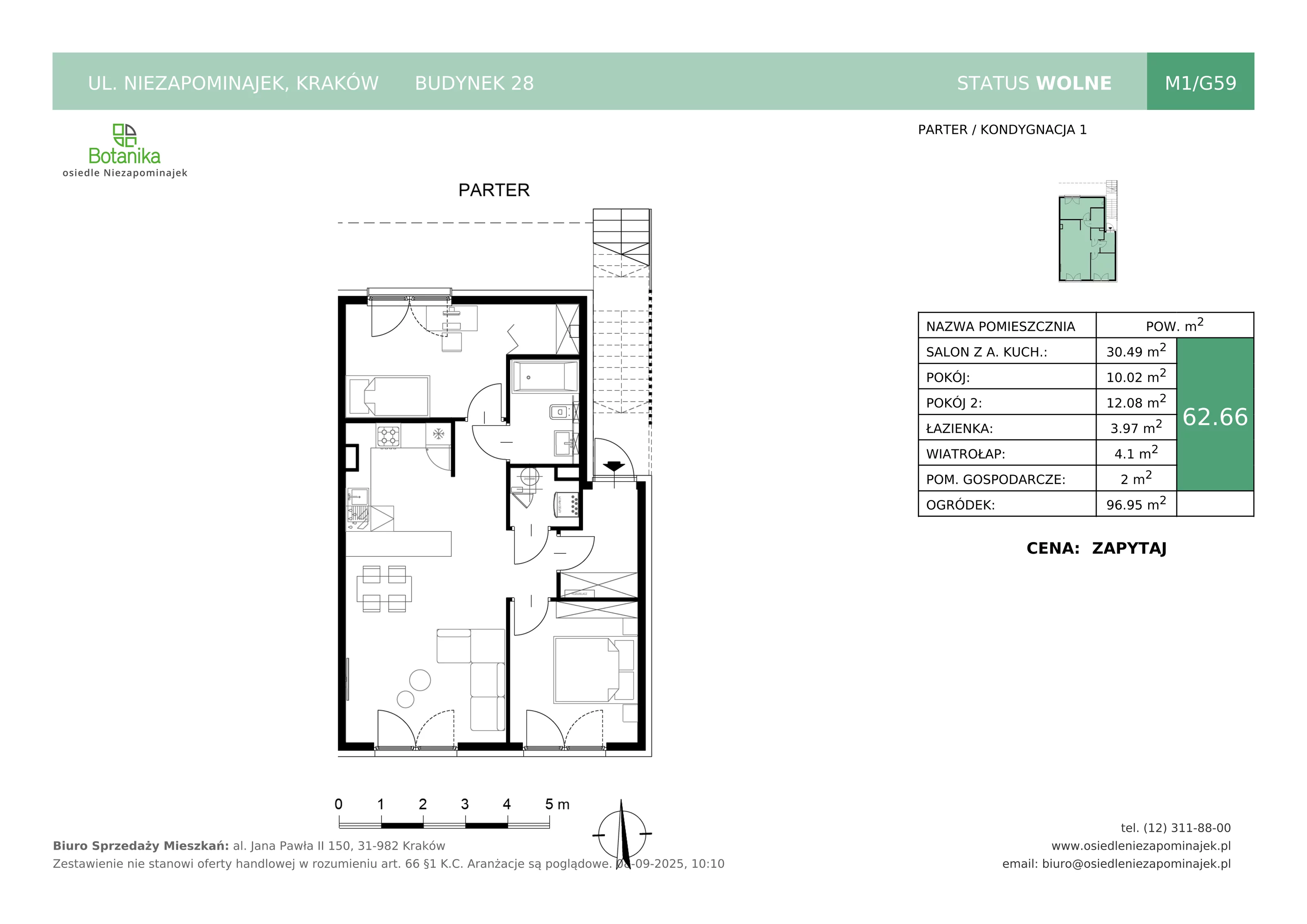 3 pokoje, mieszkanie 62,66 m², parter, oferta nr M1/G59, Osiedle Niezapominajek, Kraków, Zwierzyniec, ul. Niezapominajek