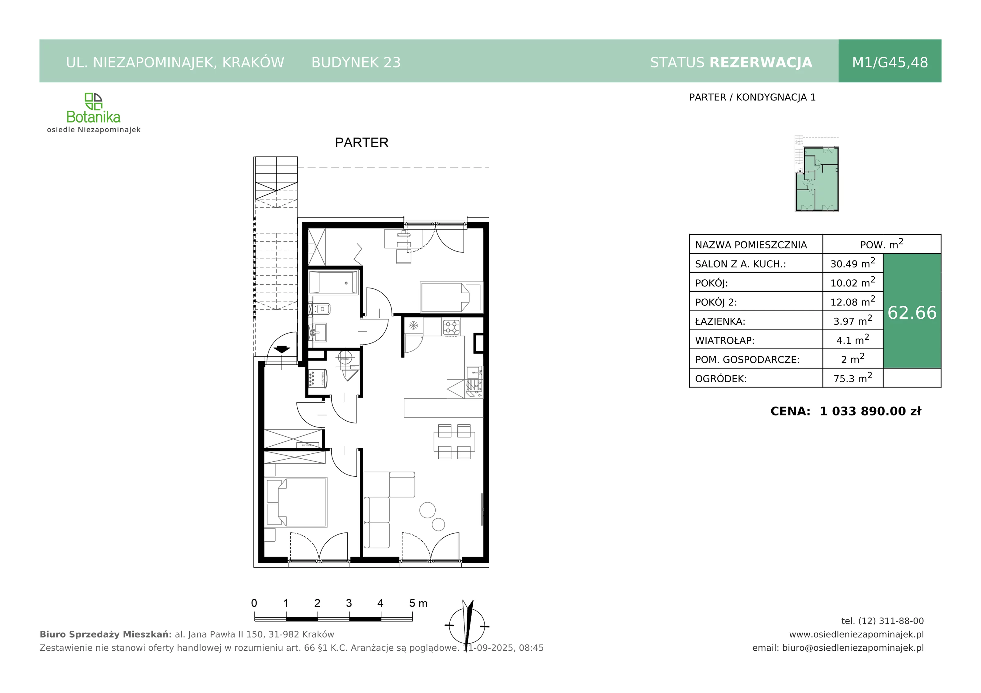3 pokoje, mieszkanie 62,66 m², parter, oferta nr M1/G45,48, Osiedle Niezapominajek, Kraków, Zwierzyniec, ul. Niezapominajek