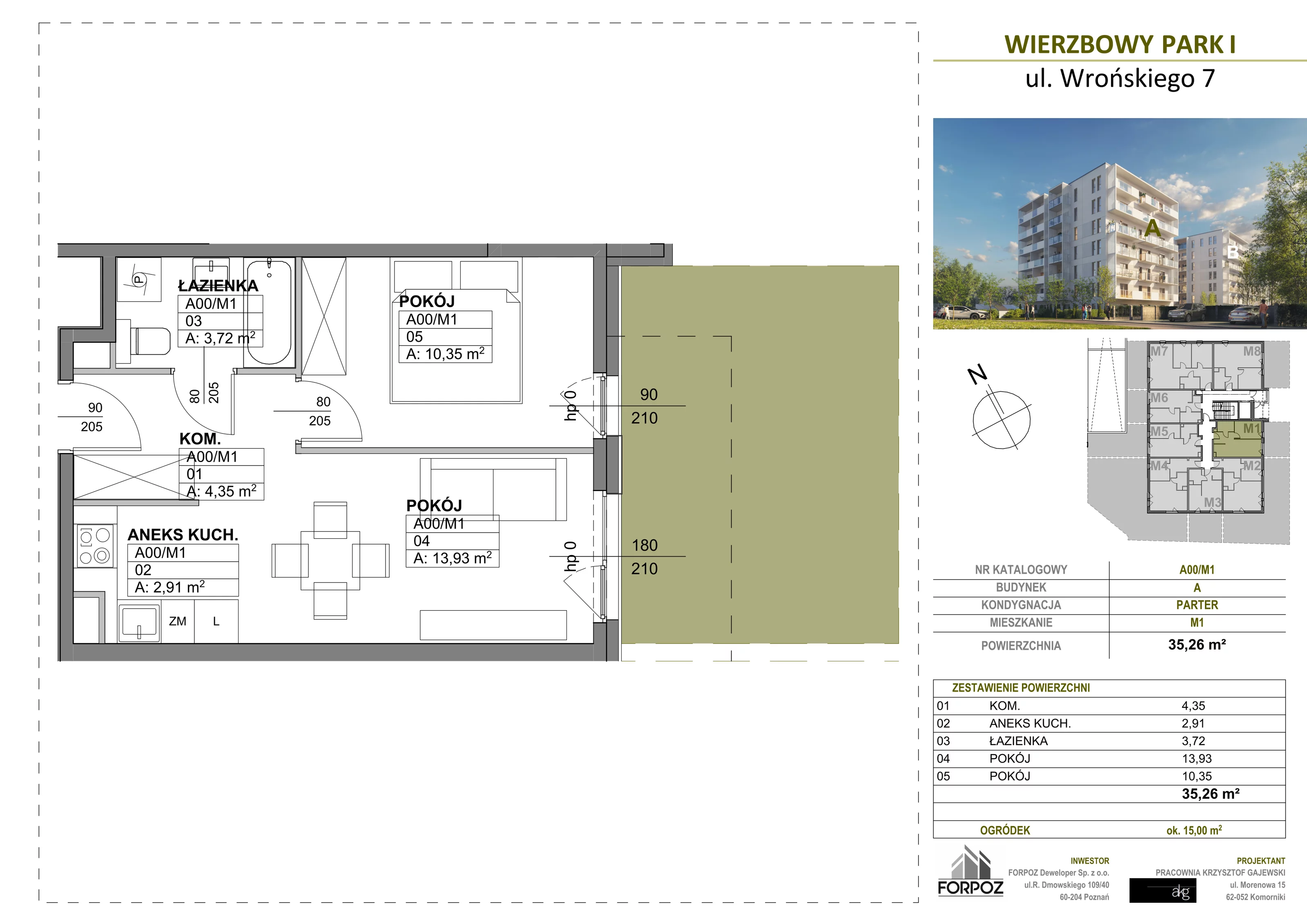 2 pokoje, mieszkanie 35,26 m², parter, oferta nr A00-M1, Wierzbowy Park, Poznań, Górczyn, ul. Wrońskiego 7