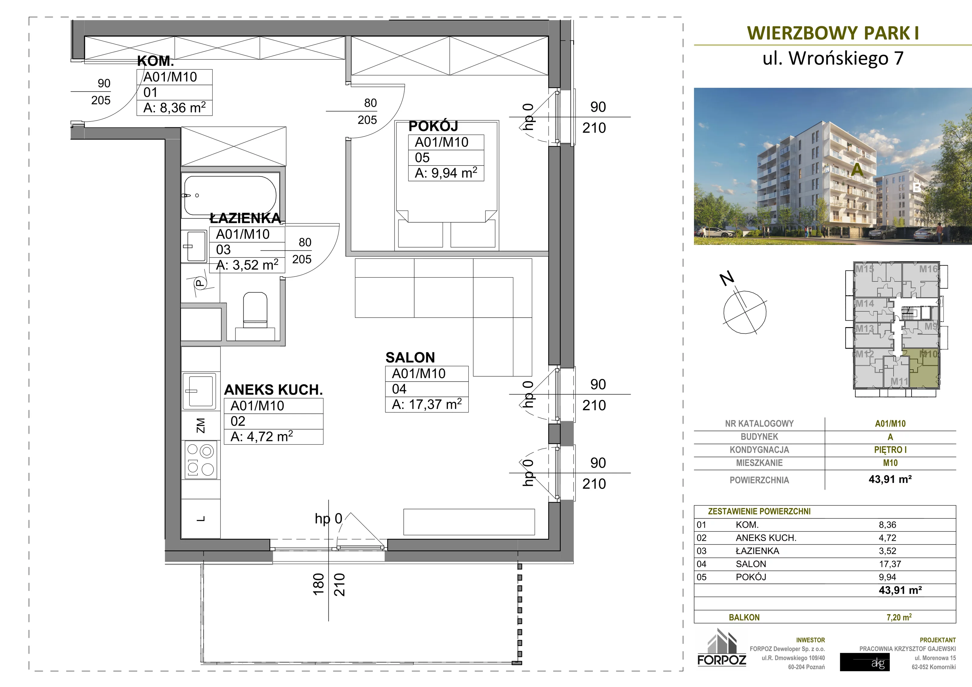 2 pokoje, mieszkanie 43,91 m², piętro 1, oferta nr A00-M10, Wierzbowy Park, Poznań, Górczyn, ul. Wrońskiego 7