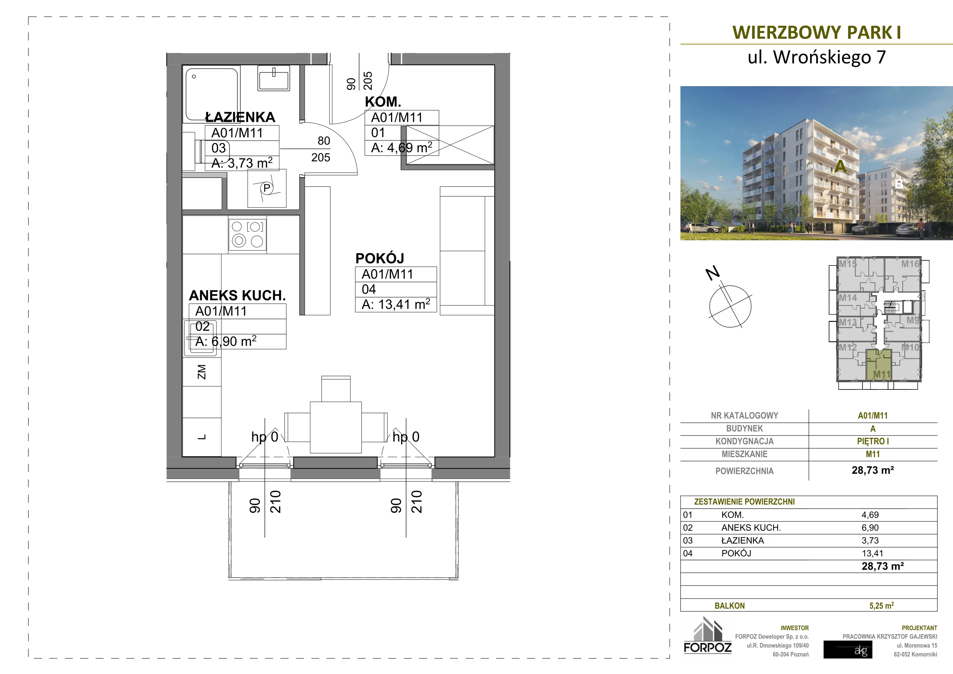 1 pokój, mieszkanie 28,73 m², piętro 1, oferta nr A00-M11, Wierzbowy Park, Poznań, Górczyn, ul. Wrońskiego 7