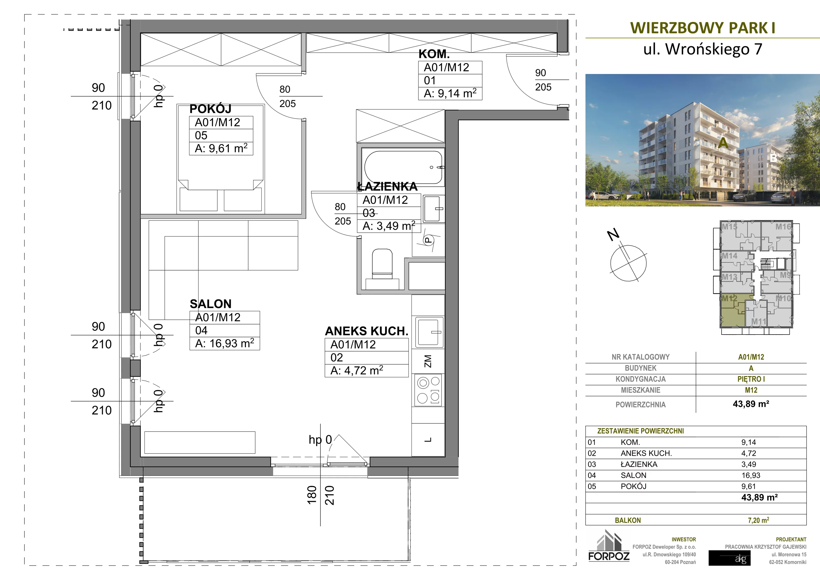 2 pokoje, mieszkanie 43,89 m², piętro 1, oferta nr A00-M12, Wierzbowy Park, Poznań, Górczyn, ul. Wrońskiego 7
