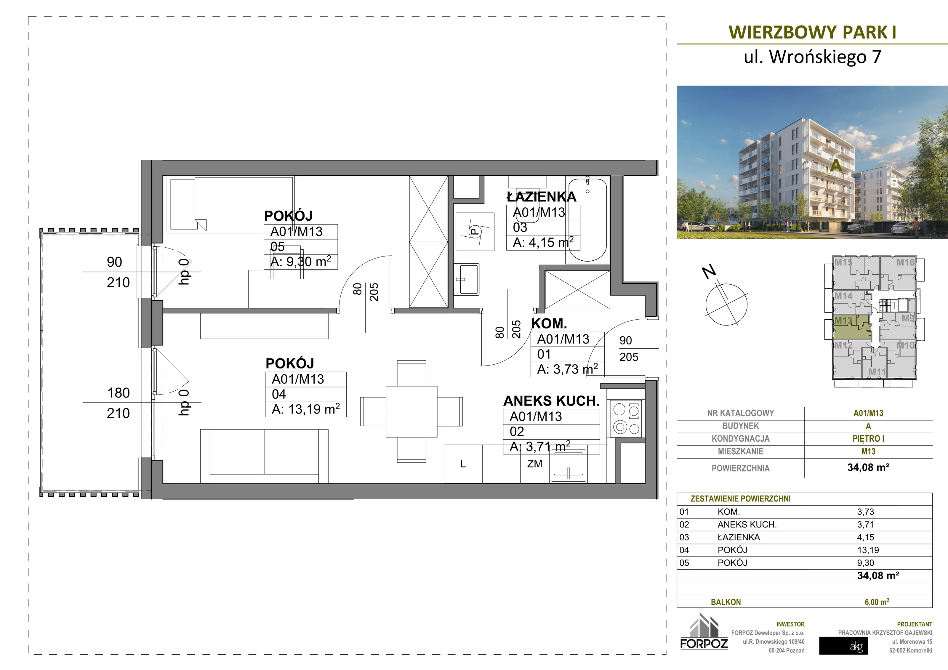 2 pokoje, mieszkanie 34,08 m², piętro 1, oferta nr A00-M13, Wierzbowy Park, Poznań, Górczyn, ul. Wrońskiego 7