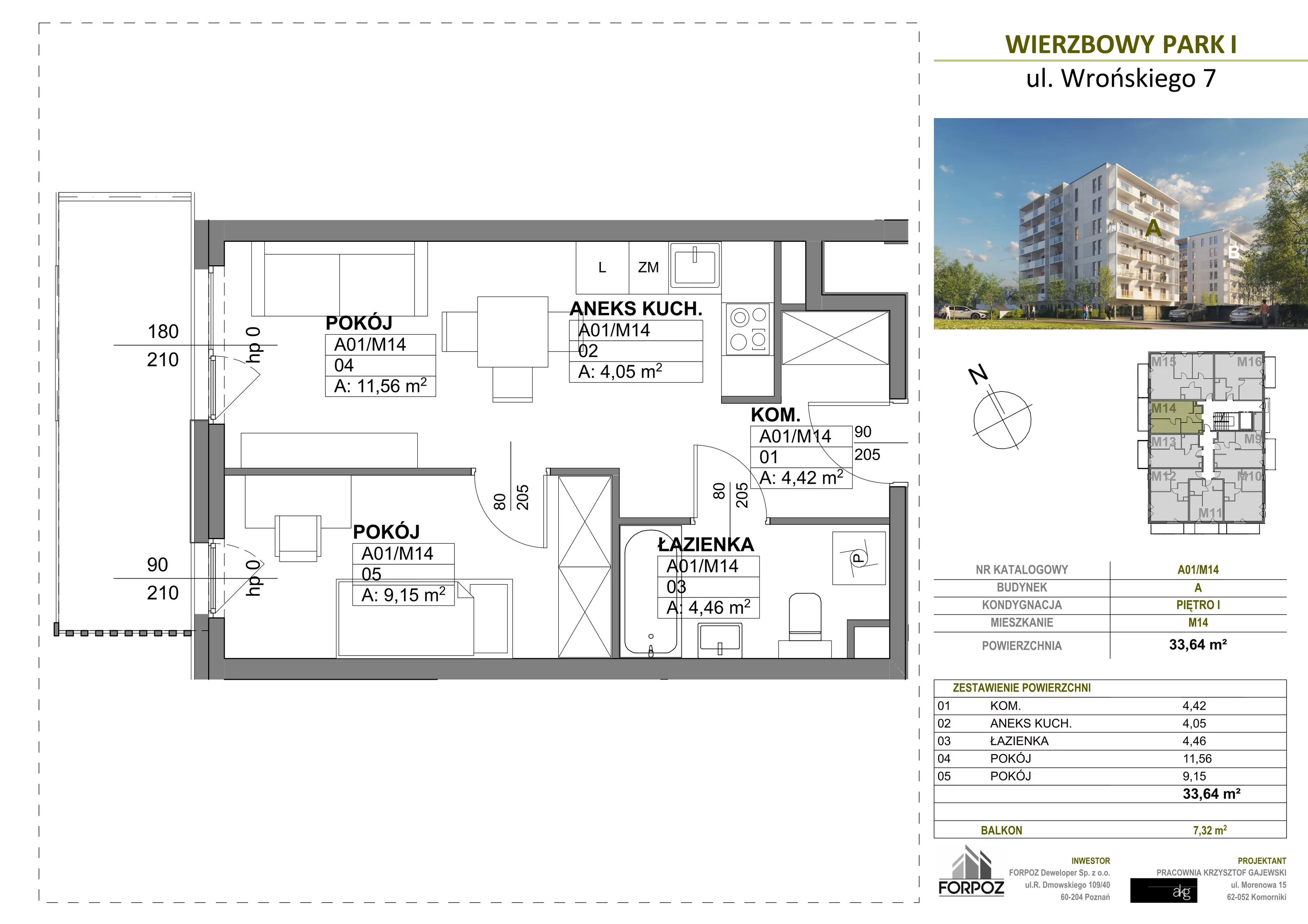2 pokoje, mieszkanie 33,64 m², piętro 1, oferta nr A00-M14, Wierzbowy Park, Poznań, Górczyn, ul. Wrońskiego 7
