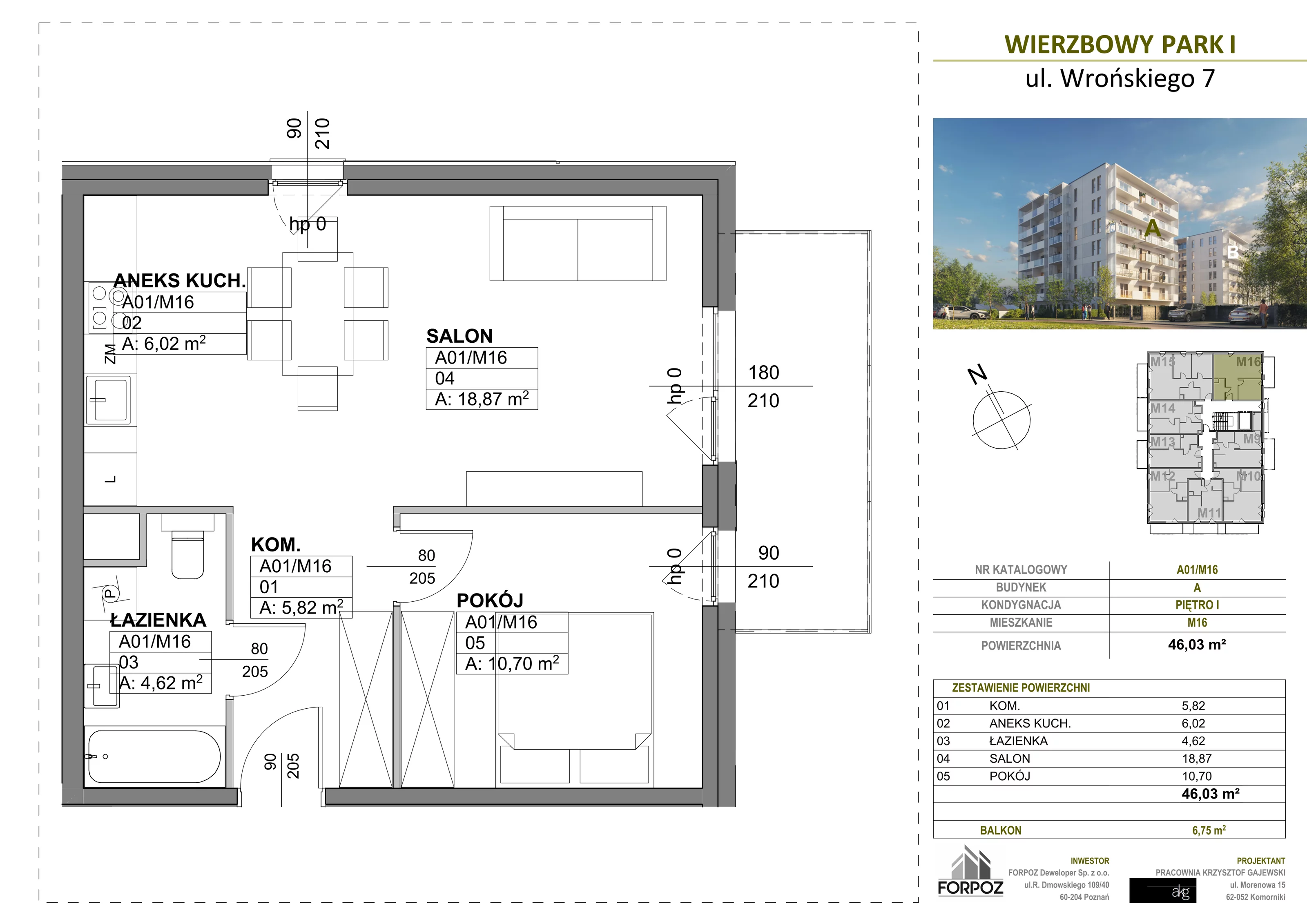 2 pokoje, mieszkanie 46,03 m², piętro 1, oferta nr A00-M16, Wierzbowy Park, Poznań, Górczyn, ul. Wrońskiego 7