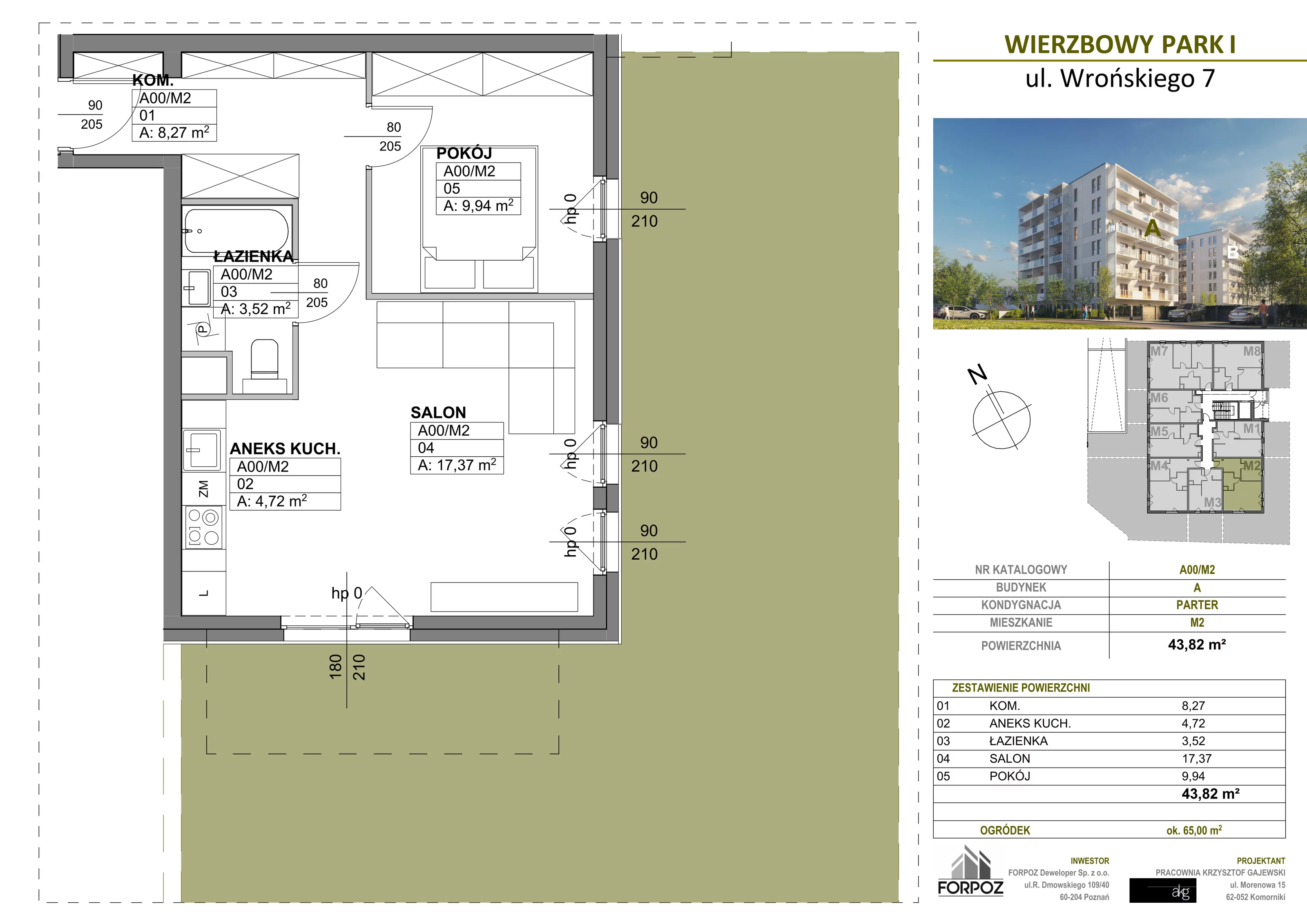 2 pokoje, mieszkanie 43,82 m², parter, oferta nr A00-M2, Wierzbowy Park, Poznań, Górczyn, ul. Wrońskiego 7