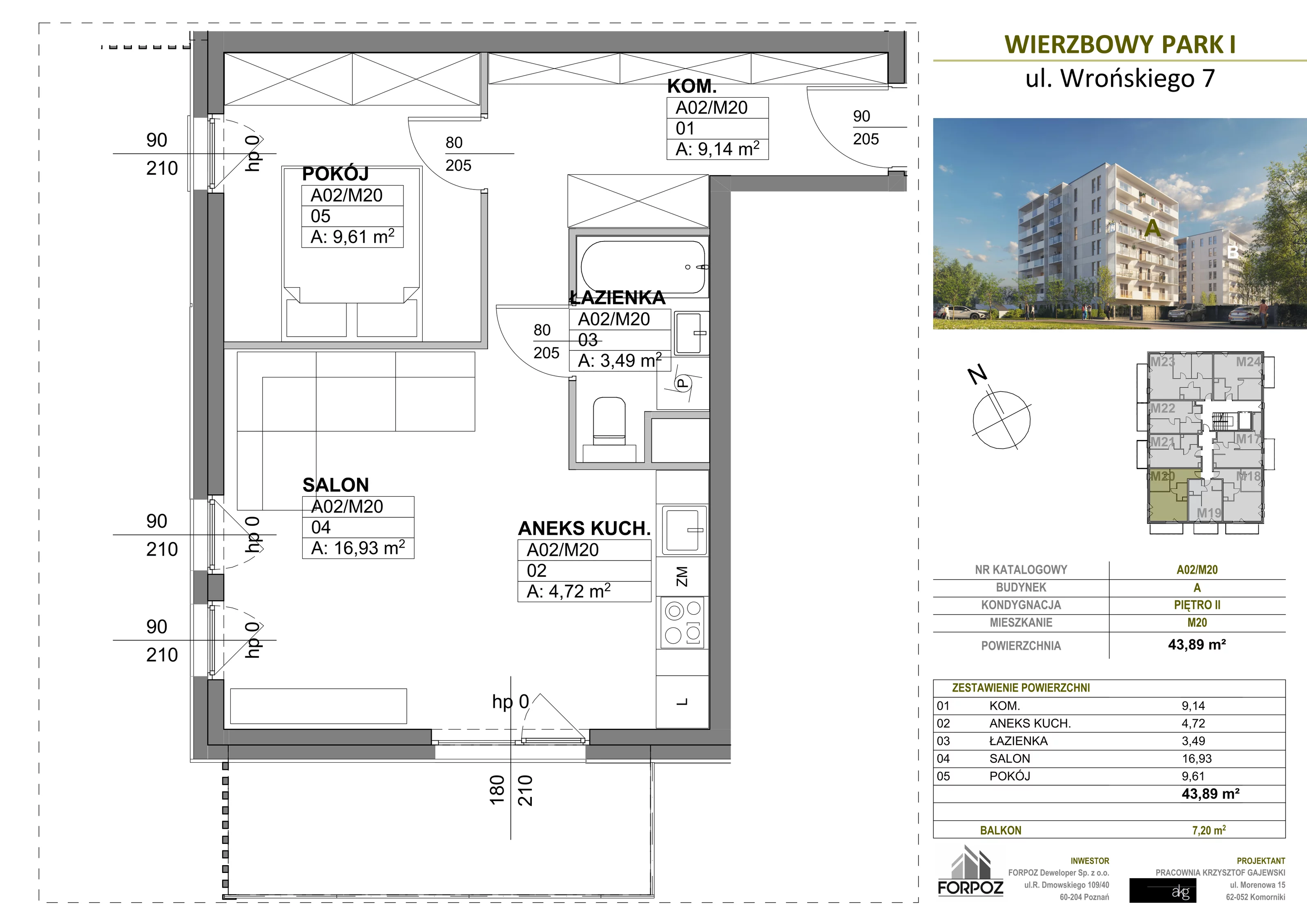2 pokoje, mieszkanie 43,89 m², piętro 2, oferta nr A00-M20, Wierzbowy Park, Poznań, Górczyn, ul. Wrońskiego 7