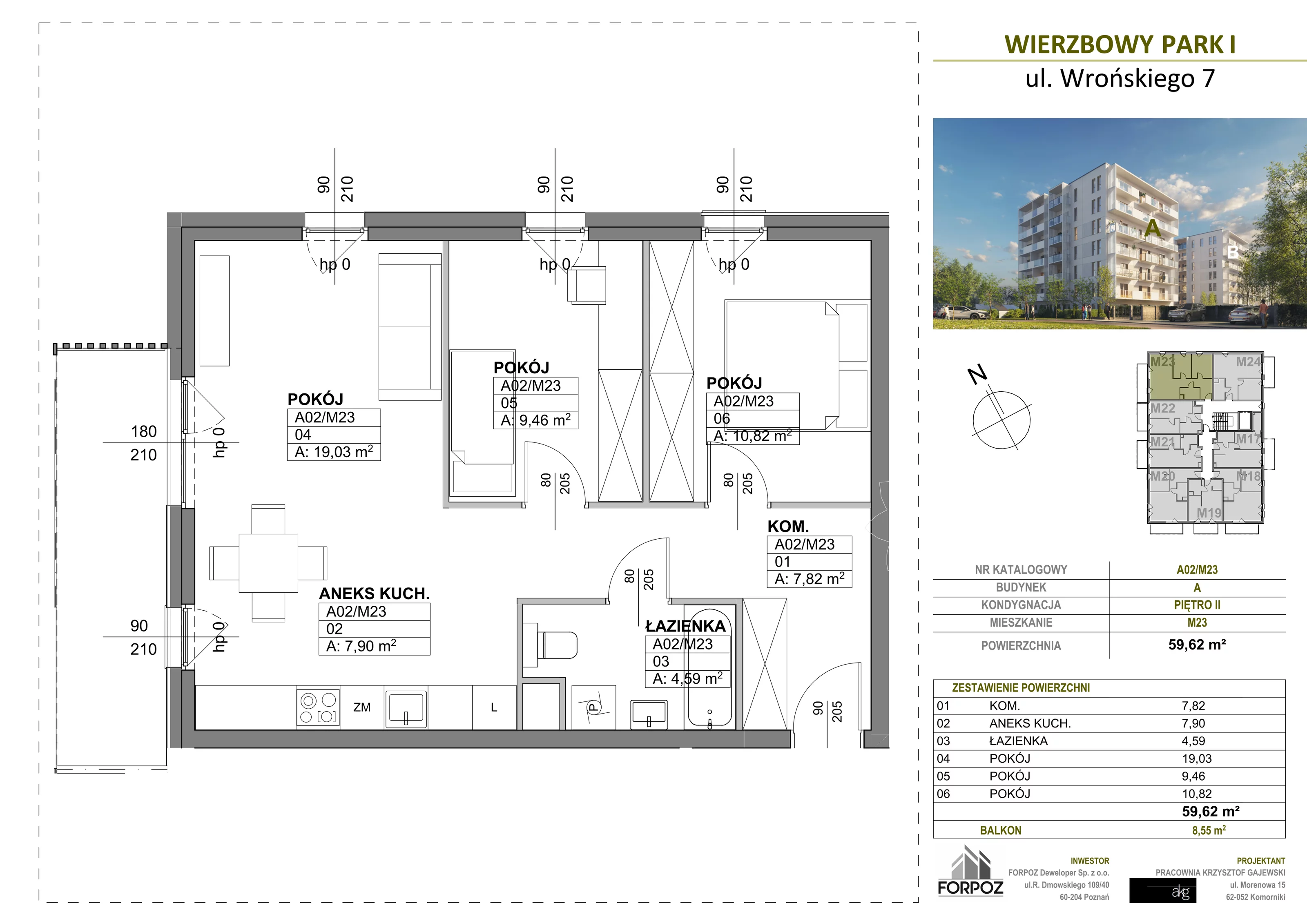 3 pokoje, mieszkanie 59,62 m², piętro 2, oferta nr A00-M23, Wierzbowy Park, Poznań, Górczyn, ul. Wrońskiego 7