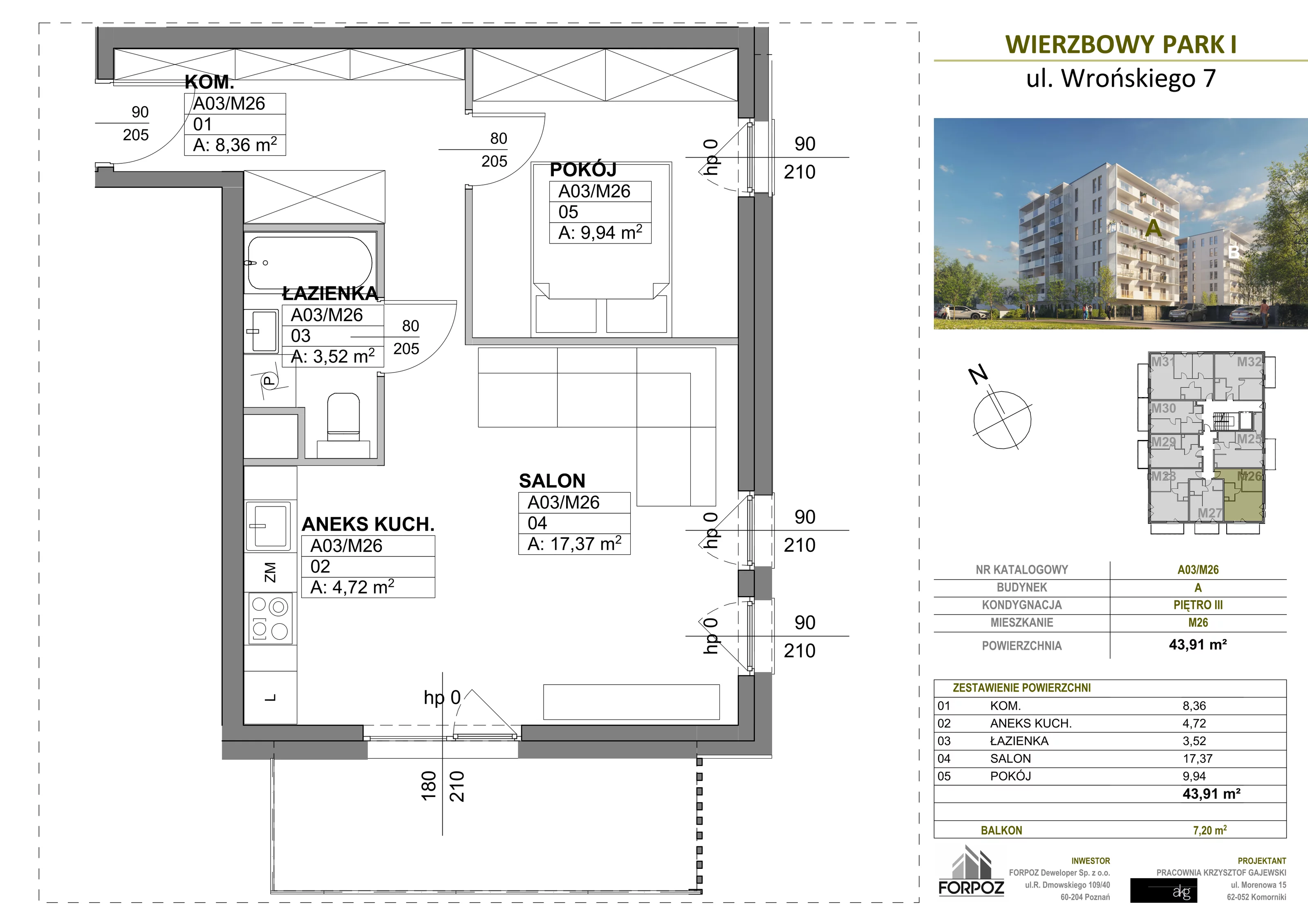 2 pokoje, mieszkanie 43,91 m², piętro 3, oferta nr A00-M26, Wierzbowy Park, Poznań, Górczyn, ul. Wrońskiego 7