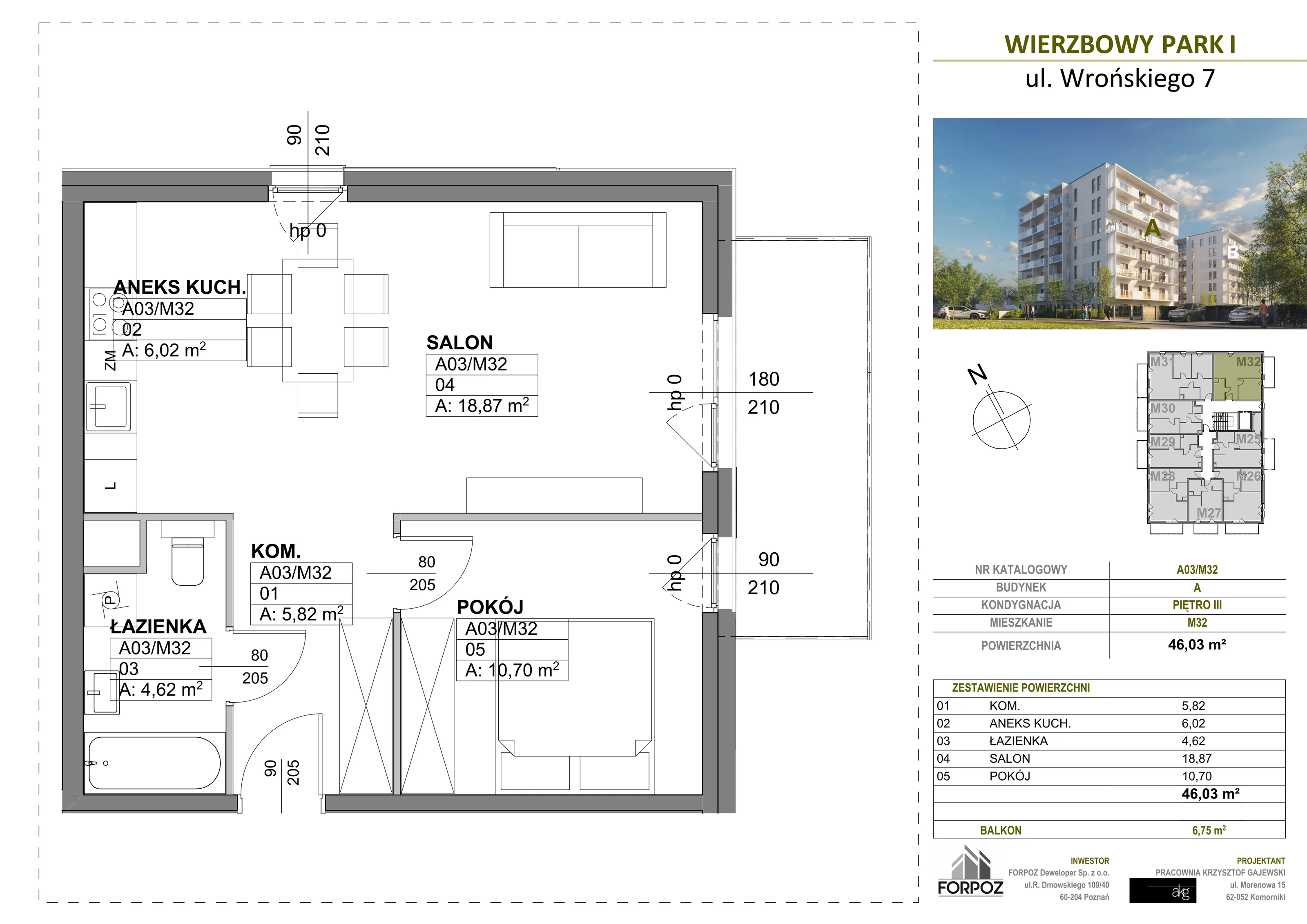 2 pokoje, mieszkanie 46,03 m², piętro 3, oferta nr A00-M32, Wierzbowy Park, Poznań, Górczyn, ul. Wrońskiego 7