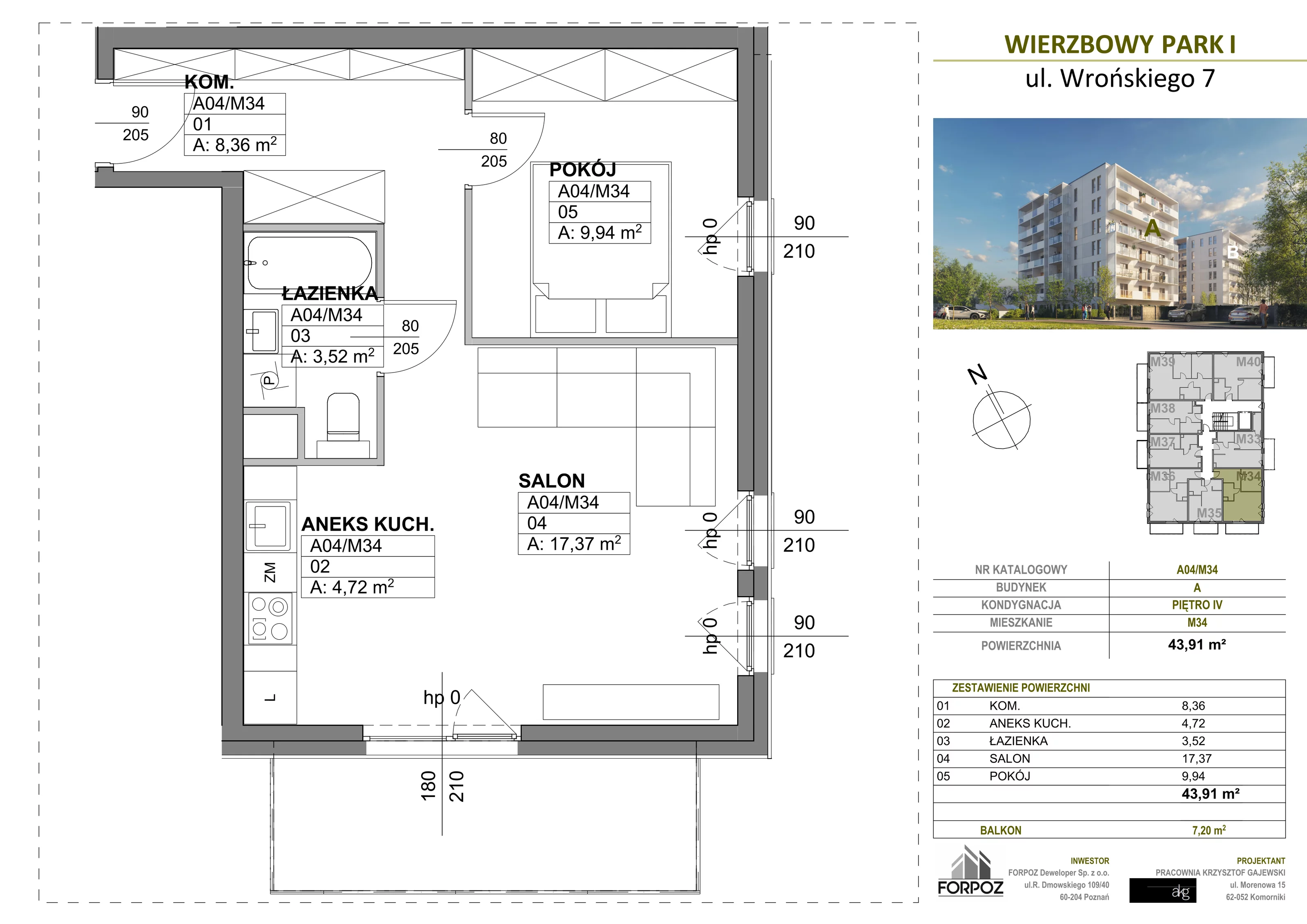 2 pokoje, mieszkanie 43,91 m², piętro 4, oferta nr A00-M34, Wierzbowy Park, Poznań, Górczyn, ul. Wrońskiego 7