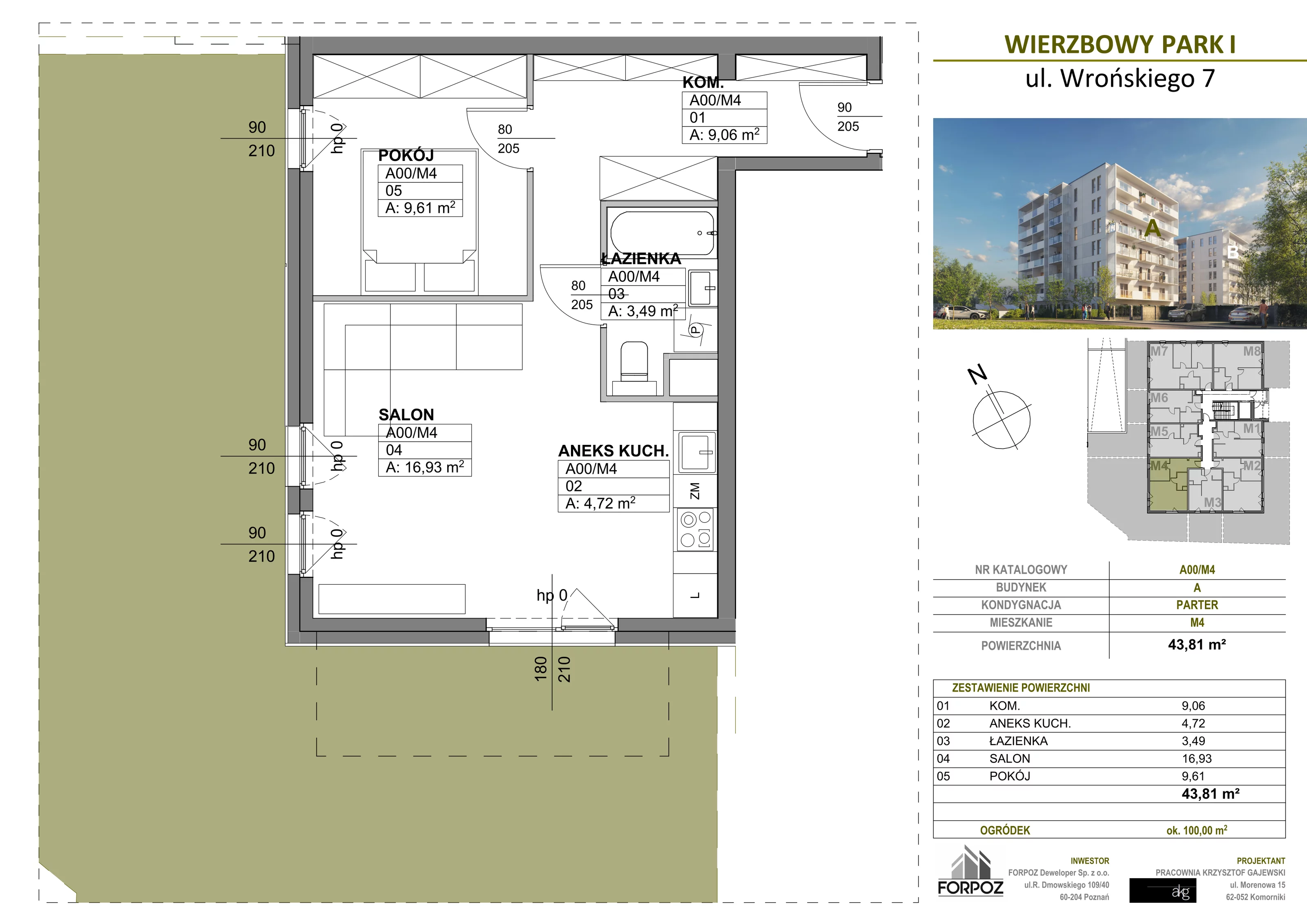 2 pokoje, mieszkanie 43,81 m², parter, oferta nr A00-M4, Wierzbowy Park, Poznań, Górczyn, ul. Wrońskiego 7