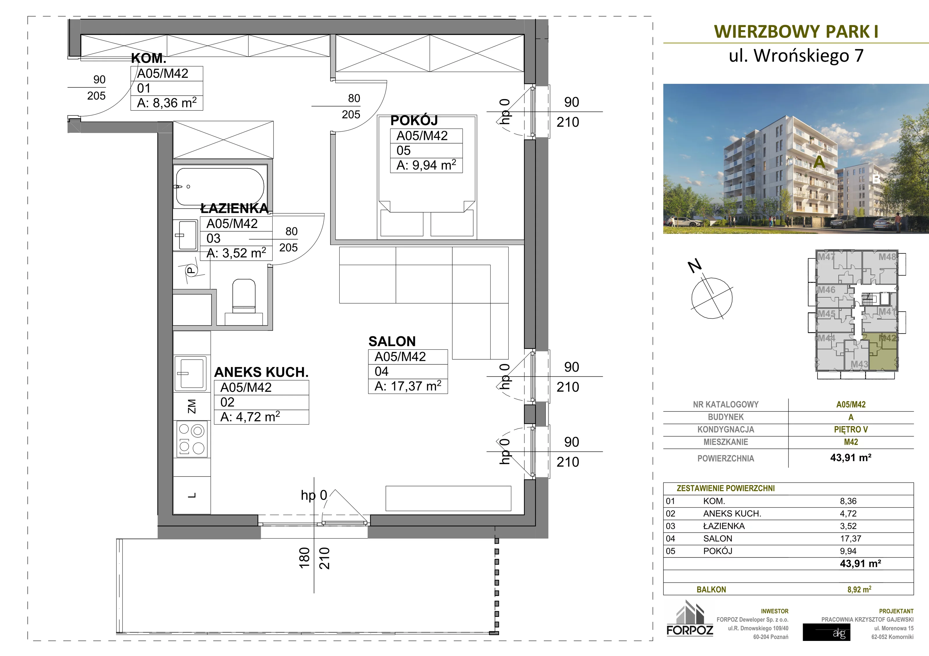 2 pokoje, mieszkanie 43,91 m², piętro 5, oferta nr A00-M42, Wierzbowy Park, Poznań, Górczyn, ul. Wrońskiego 7