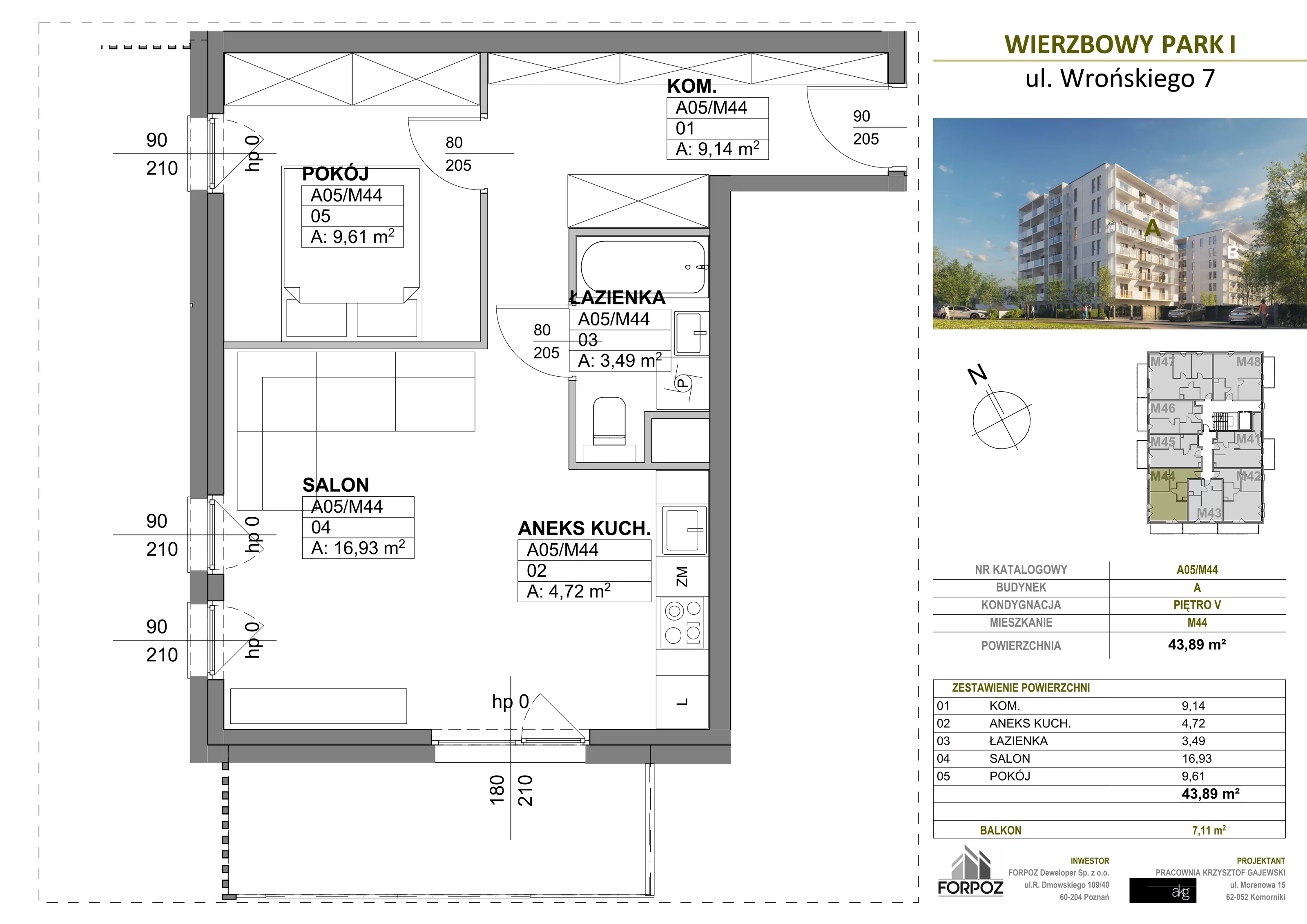 2 pokoje, mieszkanie 43,89 m², piętro 5, oferta nr A00-M44, Wierzbowy Park, Poznań, Górczyn, ul. Wrońskiego 7