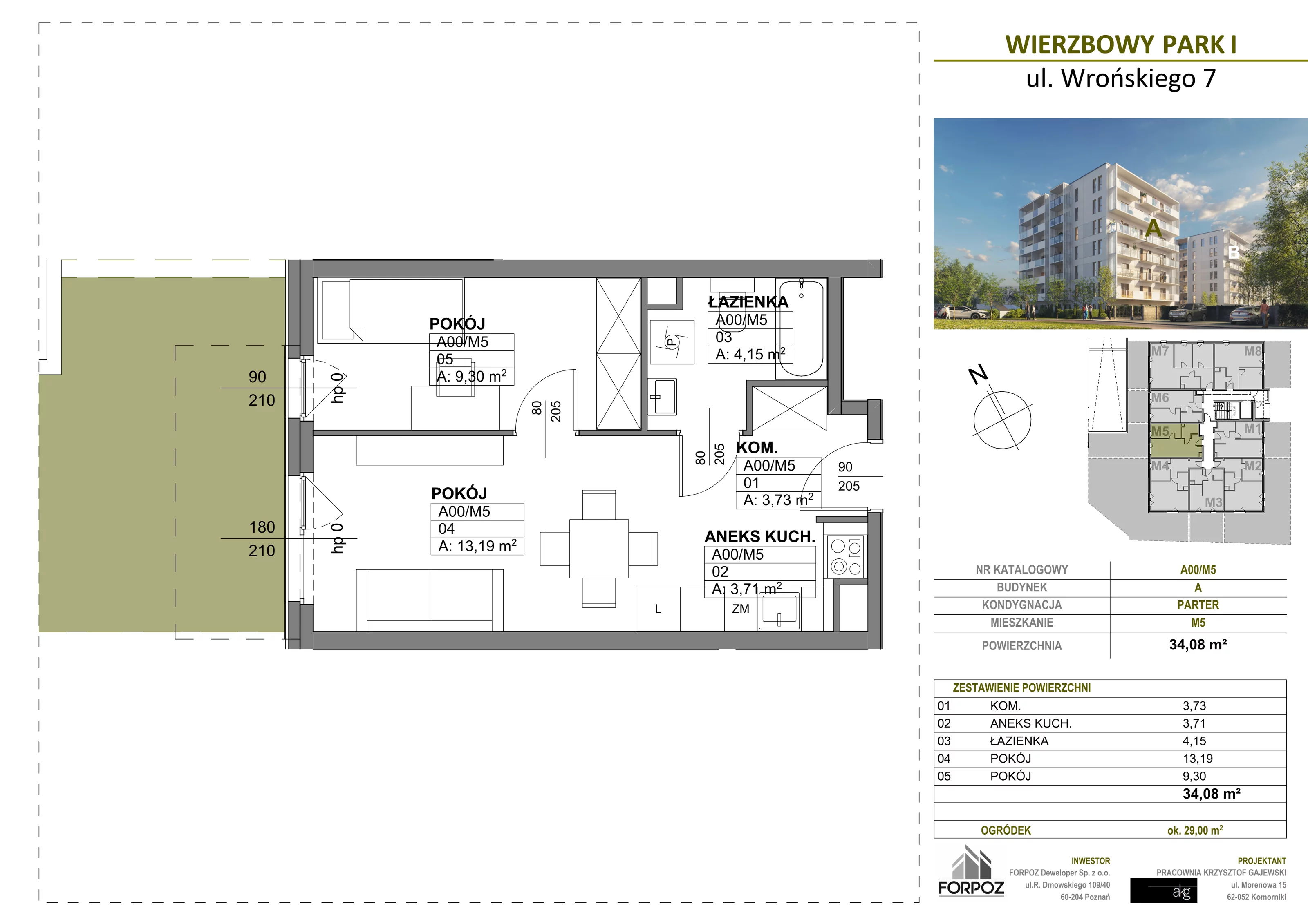 2 pokoje, mieszkanie 34,08 m², parter, oferta nr A00-M5, Wierzbowy Park, Poznań, Górczyn, ul. Wrońskiego 7