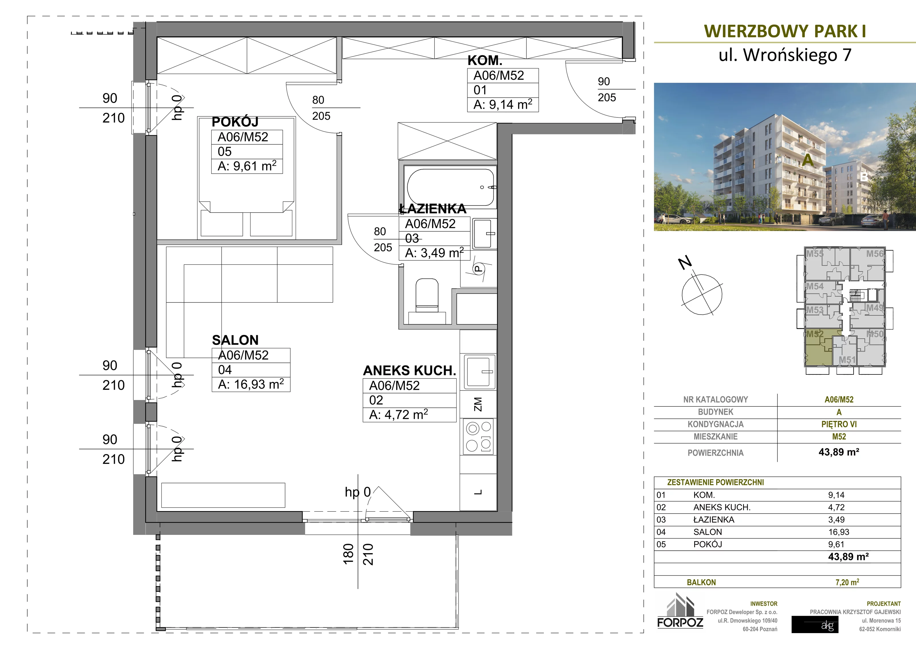2 pokoje, mieszkanie 43,89 m², piętro 6, oferta nr A00-M52, Wierzbowy Park, Poznań, Górczyn, ul. Wrońskiego 7