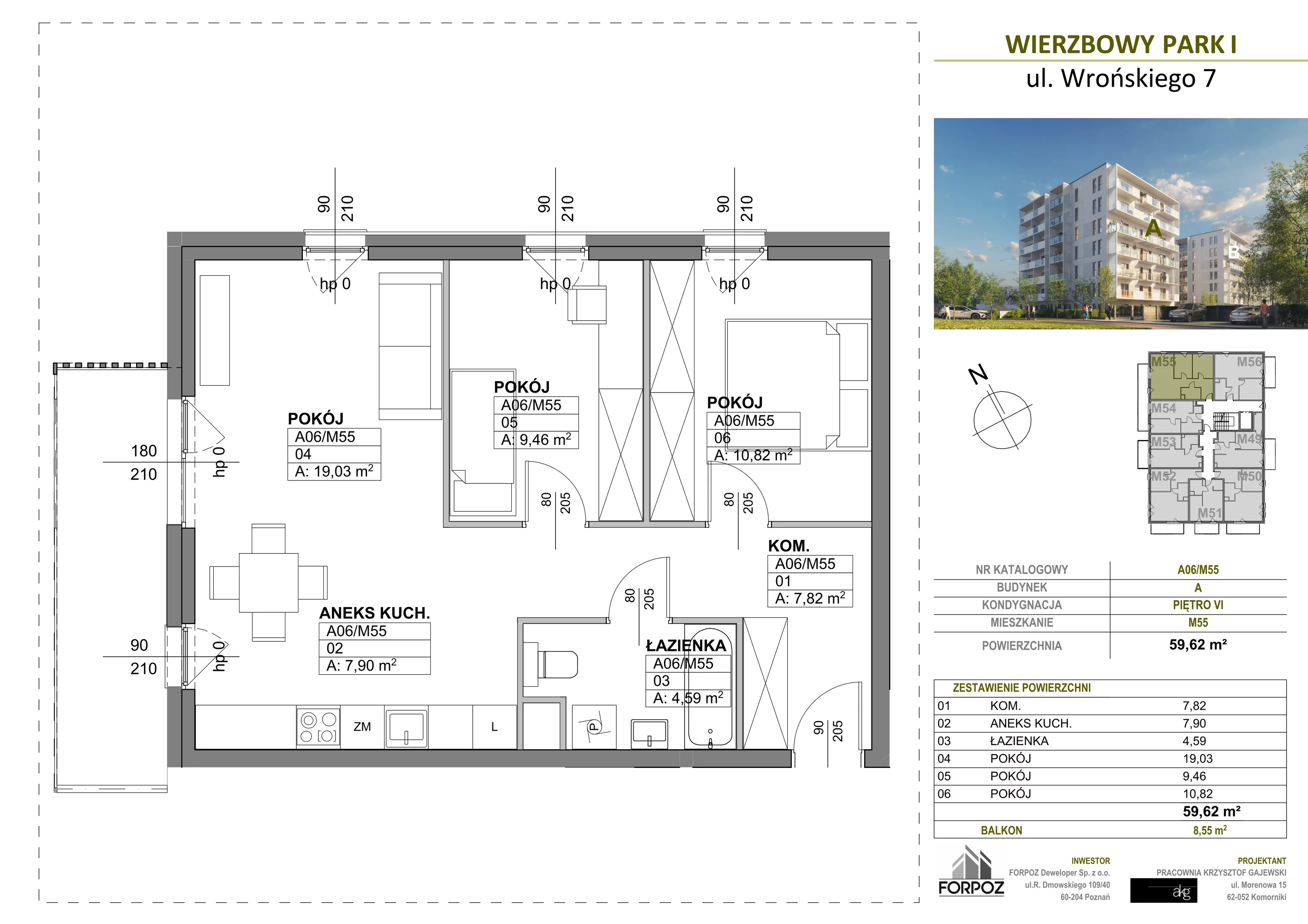 3 pokoje, mieszkanie 59,62 m², piętro 6, oferta nr A00-M55, Wierzbowy Park, Poznań, Górczyn, ul. Wrońskiego 7