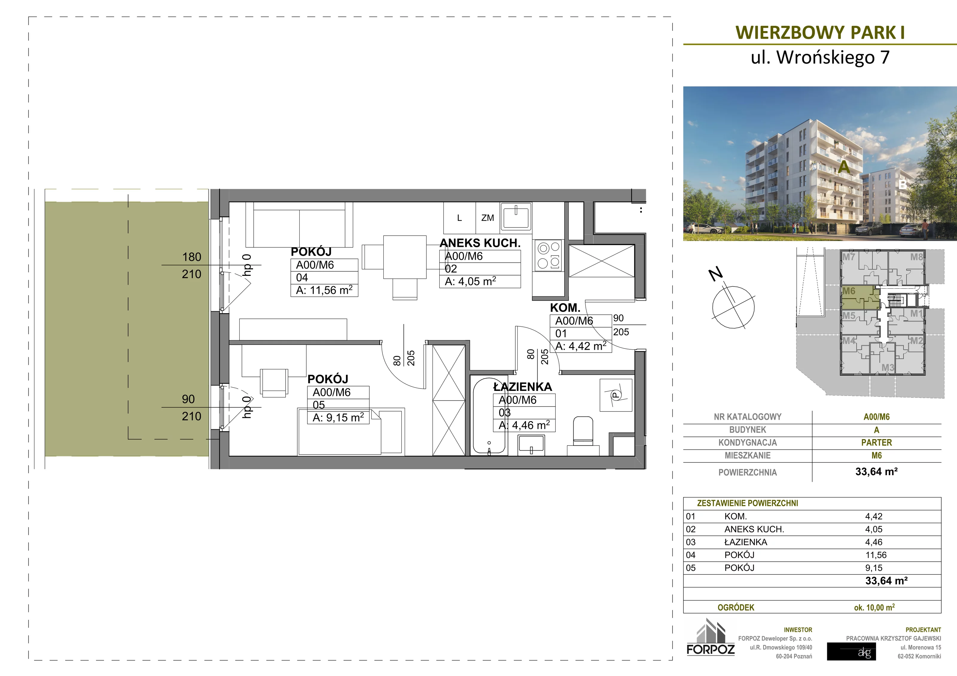 2 pokoje, mieszkanie 33,64 m², parter, oferta nr A00-M6, Wierzbowy Park, Poznań, Górczyn, ul. Wrońskiego 7