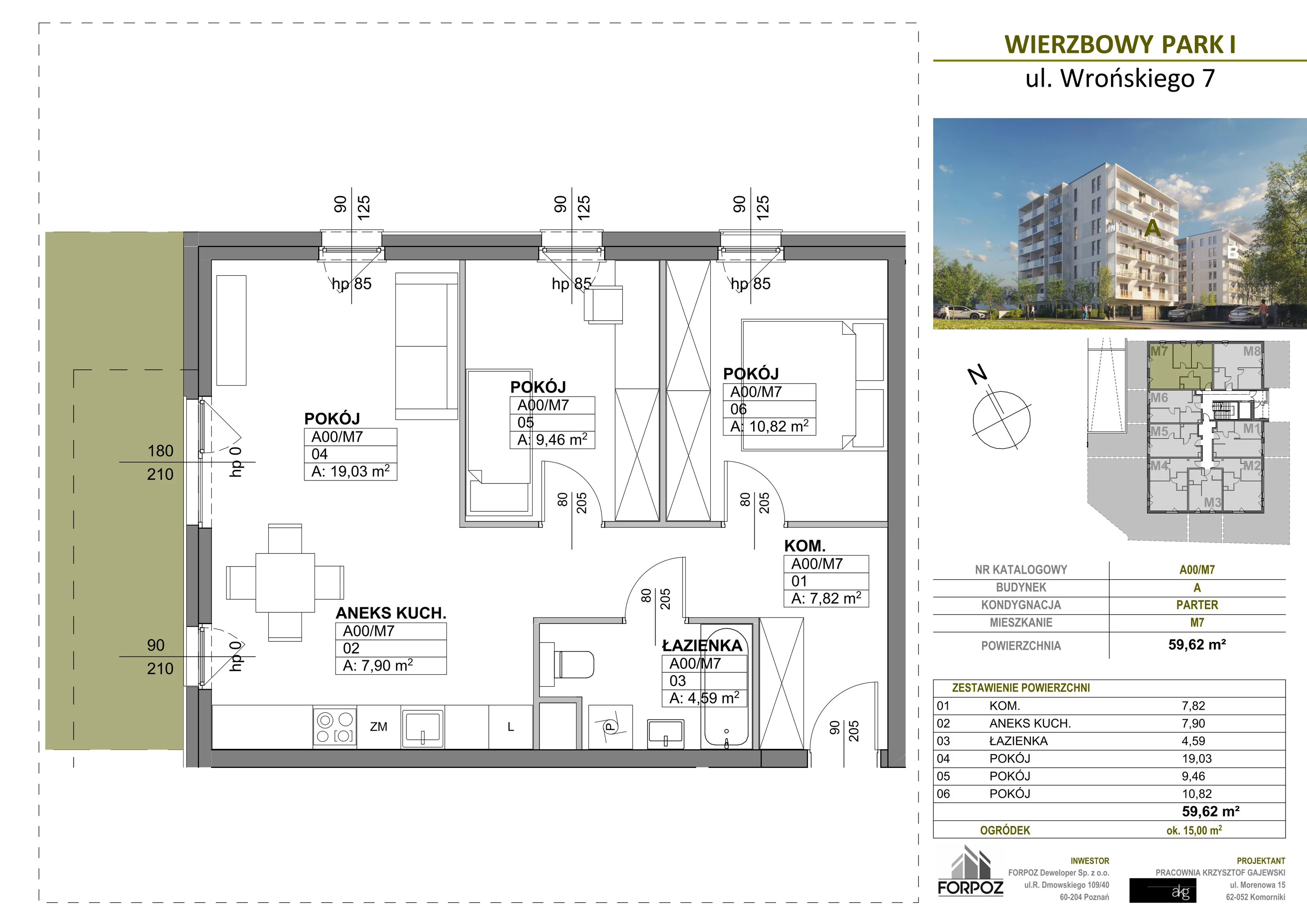 3 pokoje, mieszkanie 59,62 m², parter, oferta nr A00-M7, Wierzbowy Park, Poznań, Górczyn, ul. Wrońskiego 7