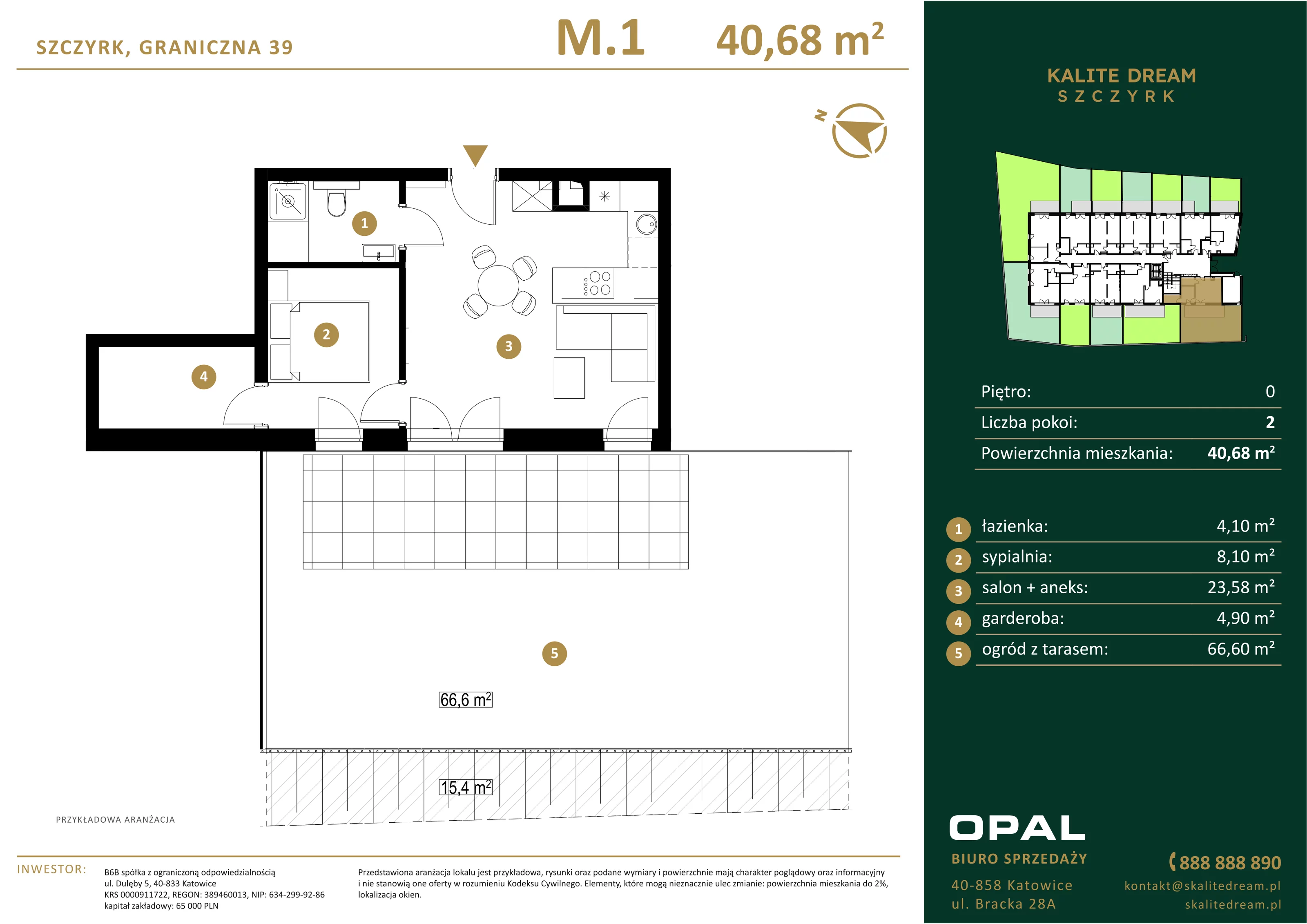 2 pokoje, mieszkanie 40,68 m², parter, oferta nr 1, Skalite Dream, Szczyrk, ul. Graniczna 39