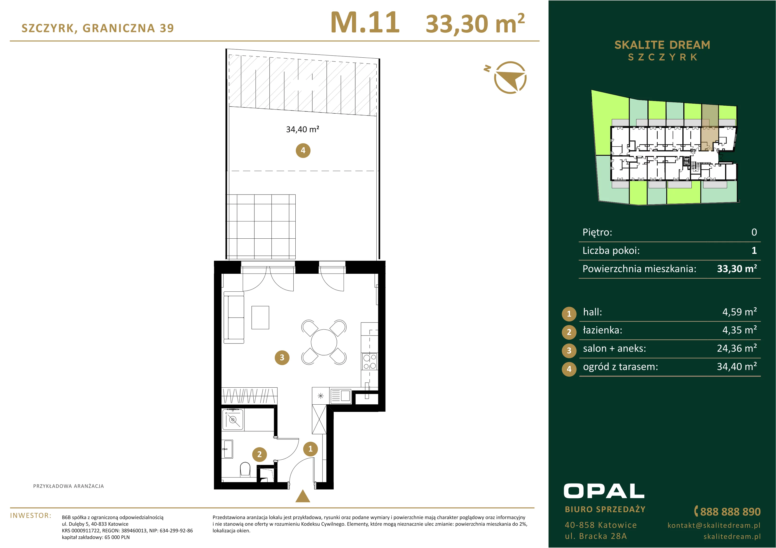 1 pokój, mieszkanie 33,30 m², parter, oferta nr 11, Skalite Dream, Szczyrk, ul. Graniczna 39