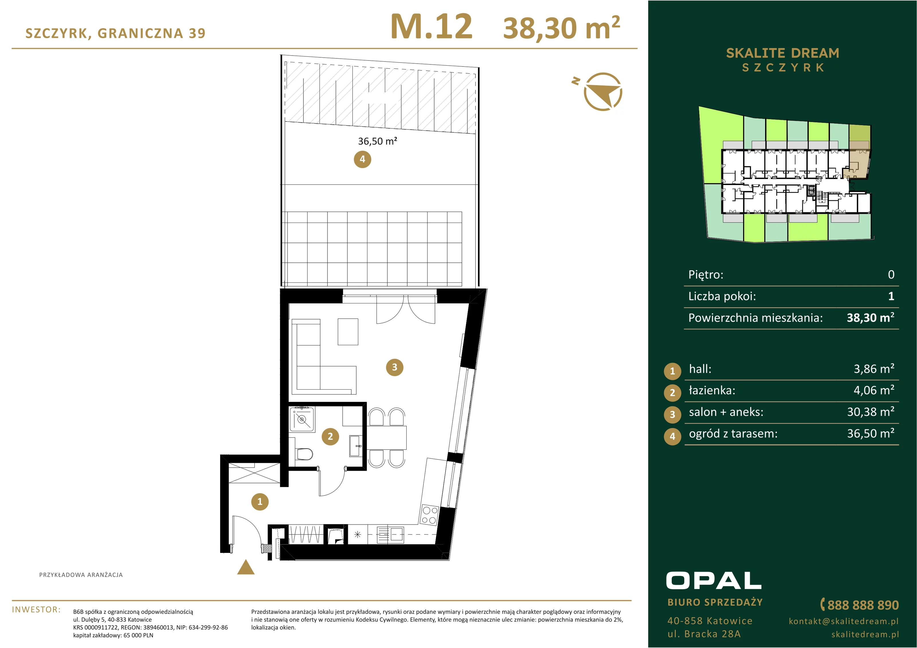 1 pokój, mieszkanie 38,30 m², parter, oferta nr 12, Skalite Dream, Szczyrk, ul. Graniczna 39
