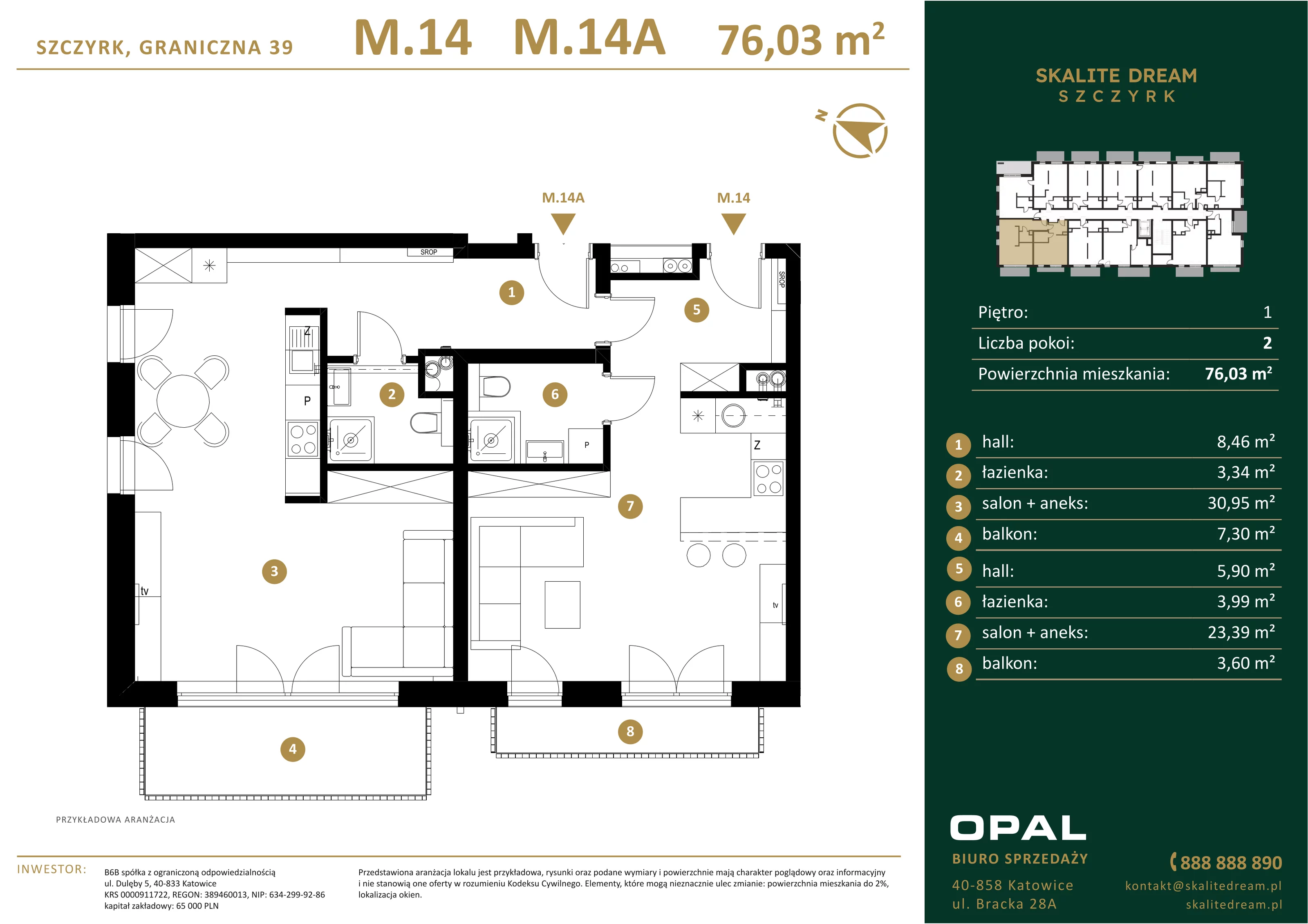 2 pokoje, mieszkanie 76,03 m², piętro 1, oferta nr 14/14a, Skalite Dream, Szczyrk, ul. Graniczna 39