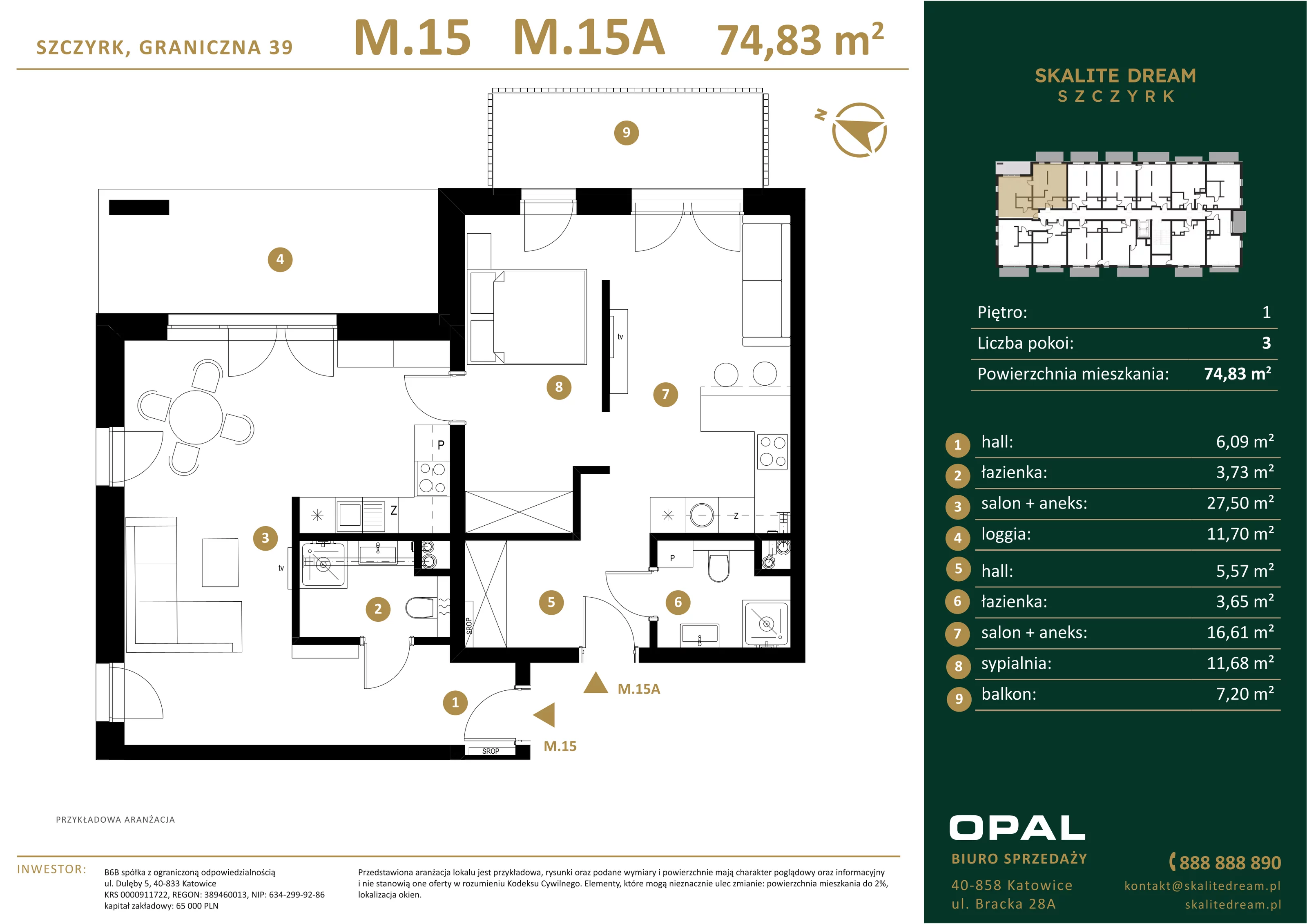 3 pokoje, mieszkanie 74,83 m², piętro 1, oferta nr 15/15a, Skalite Dream, Szczyrk, ul. Graniczna 39