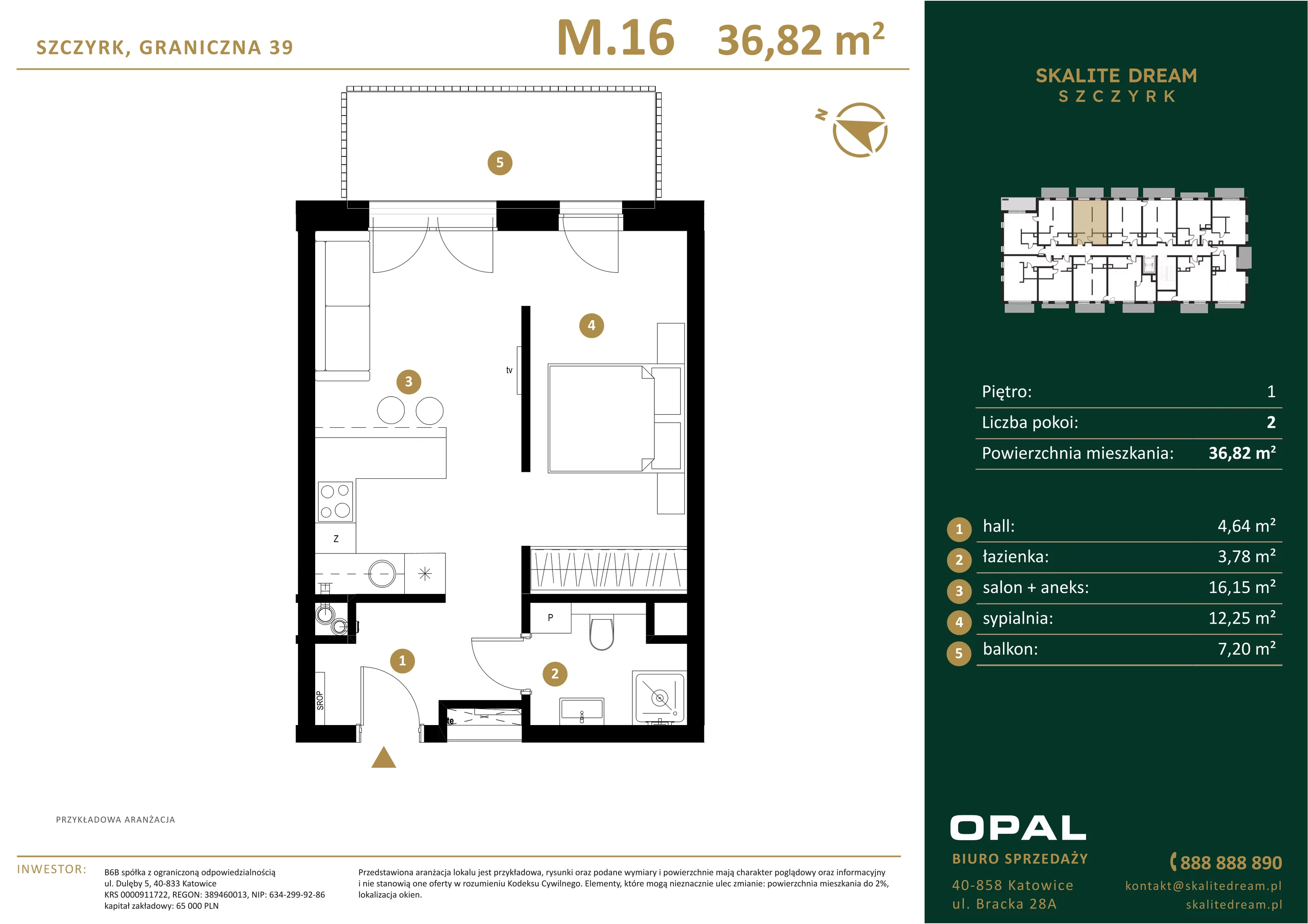 2 pokoje, mieszkanie 36,82 m², piętro 1, oferta nr 16, Skalite Dream, Szczyrk, ul. Graniczna 39