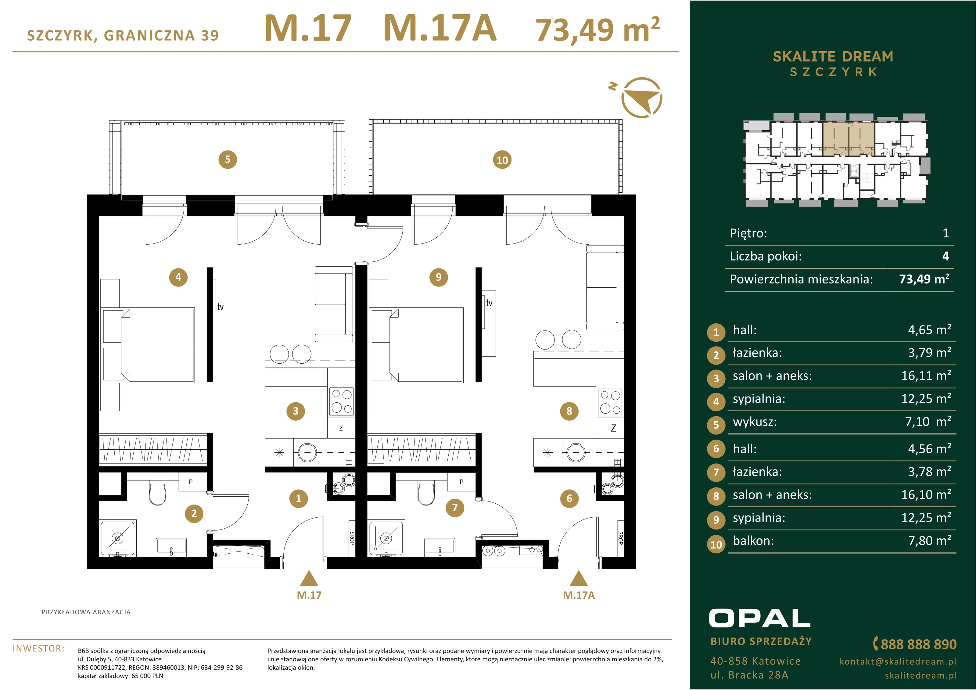 4 pokoje, apartament 73,49 m², piętro 1, oferta nr 17/17a, Skalite Dream, Szczyrk, ul. Graniczna 39