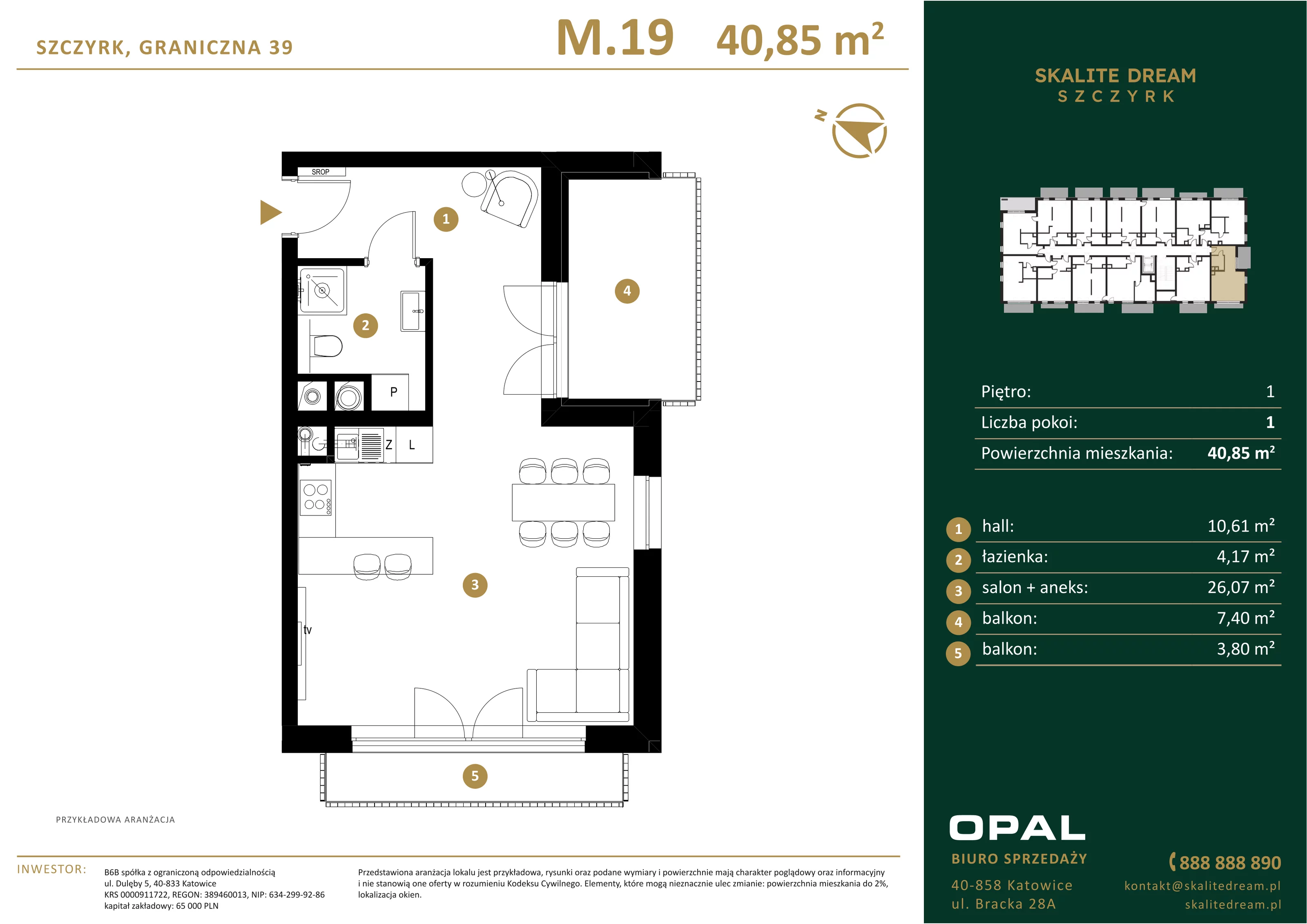 1 pokój, mieszkanie 40,85 m², piętro 1, oferta nr 19, Skalite Dream, Szczyrk, ul. Graniczna 39