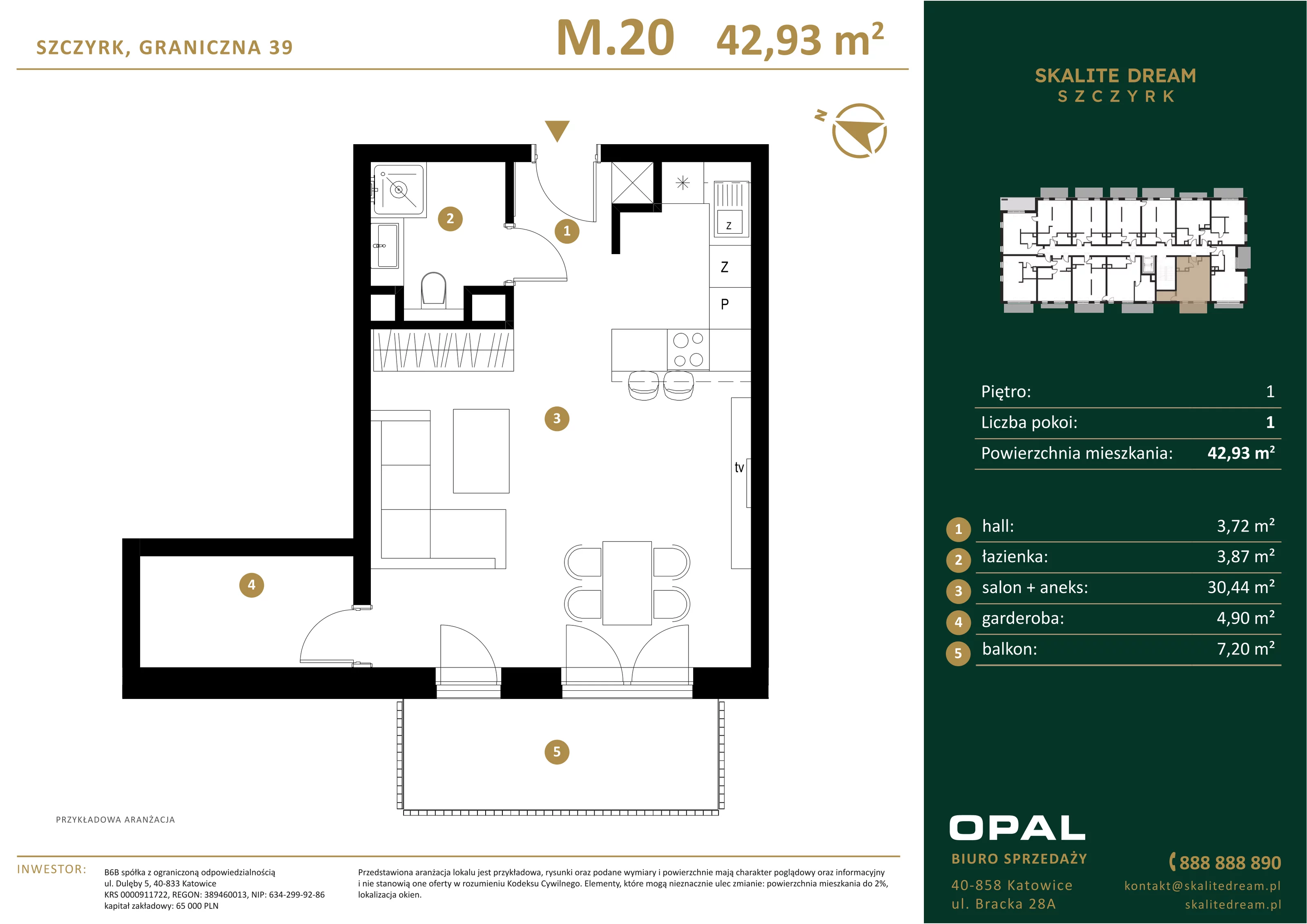 1 pokój, mieszkanie 42,93 m², piętro 1, oferta nr 20, Skalite Dream, Szczyrk, ul. Graniczna 39