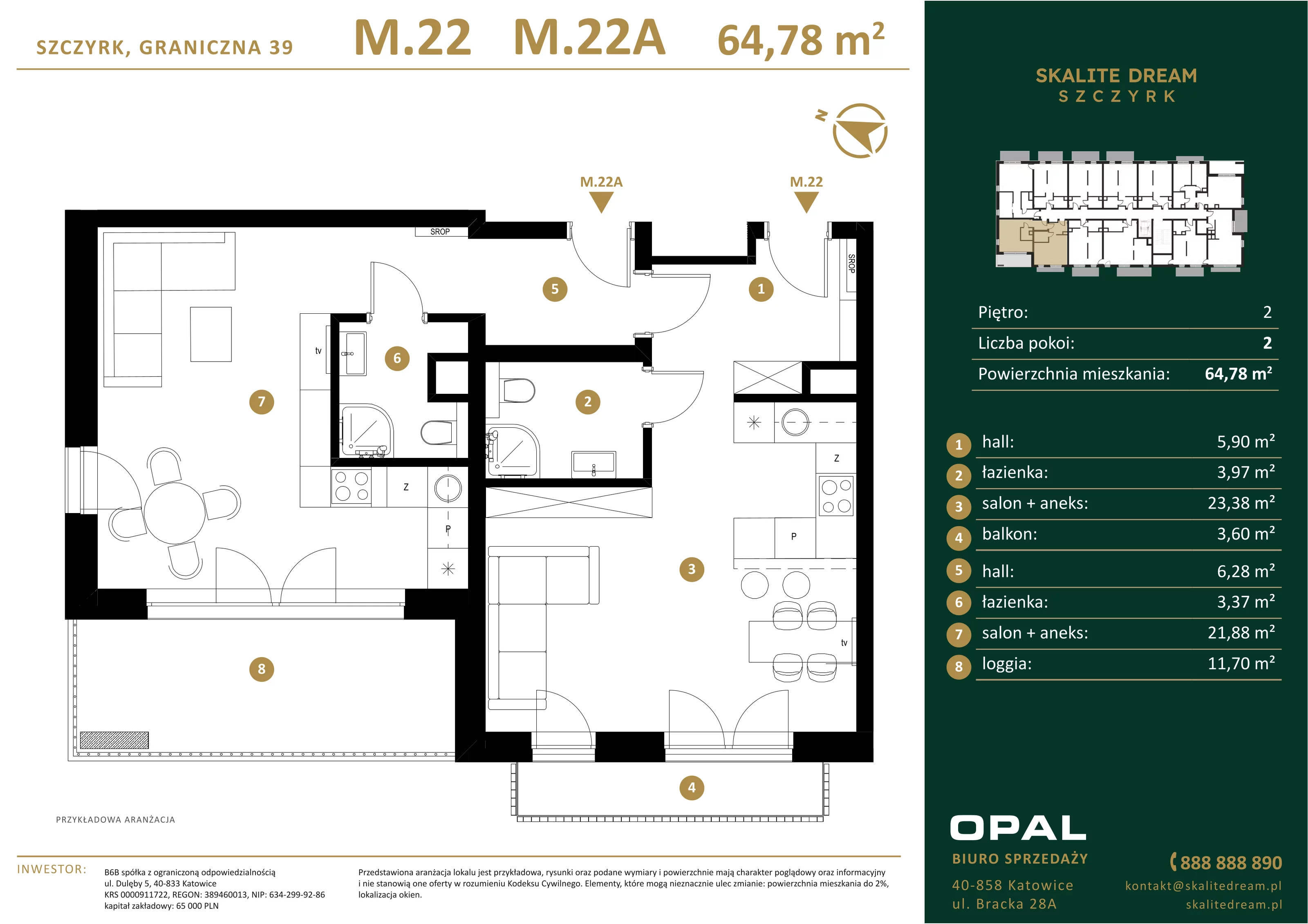 2 pokoje, mieszkanie 64,78 m², piętro 2, oferta nr 22/22a, Skalite Dream, Szczyrk, ul. Graniczna 39