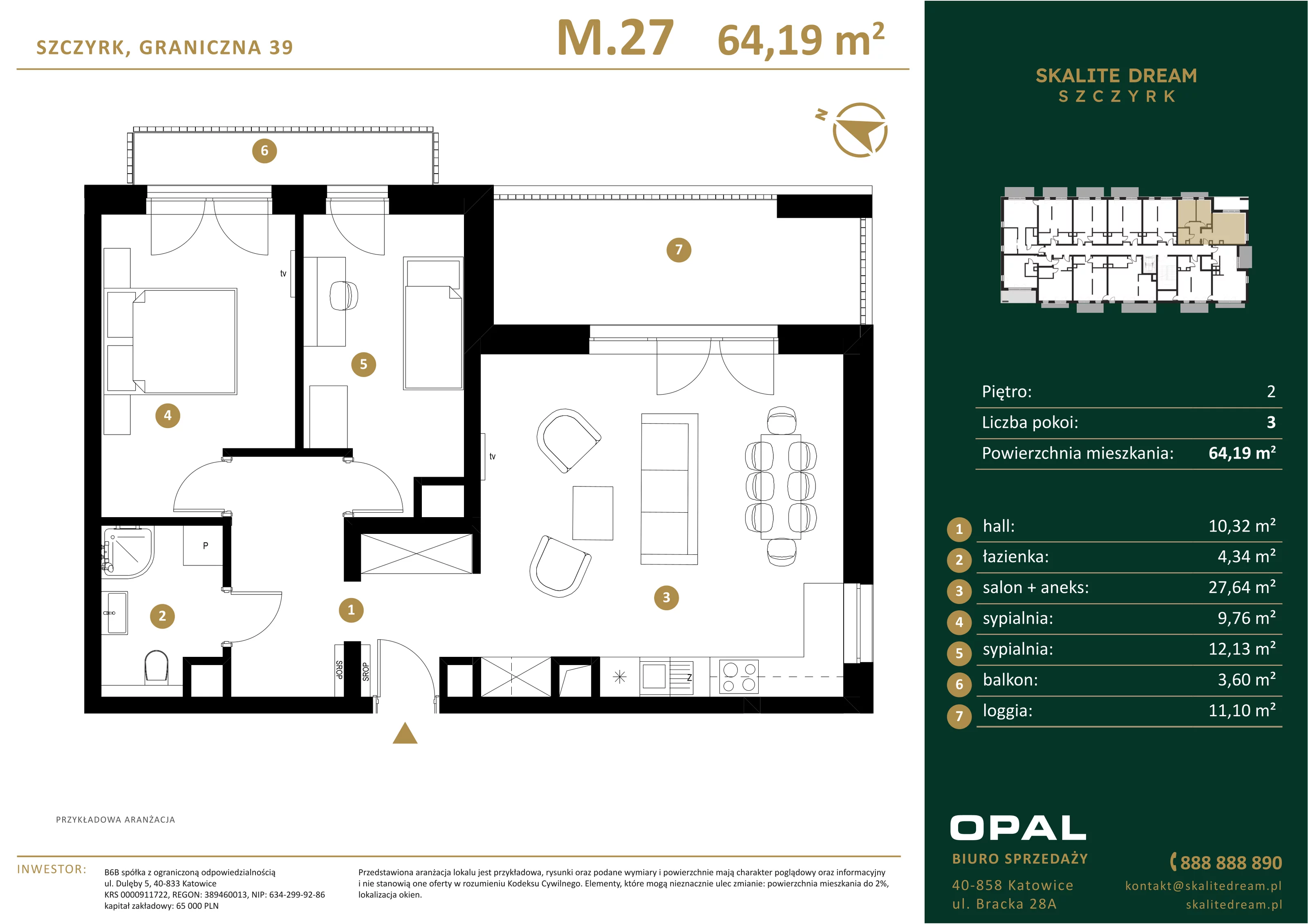 3 pokoje, mieszkanie 64,19 m², piętro 2, oferta nr 27, Skalite Dream, Szczyrk, ul. Graniczna 39