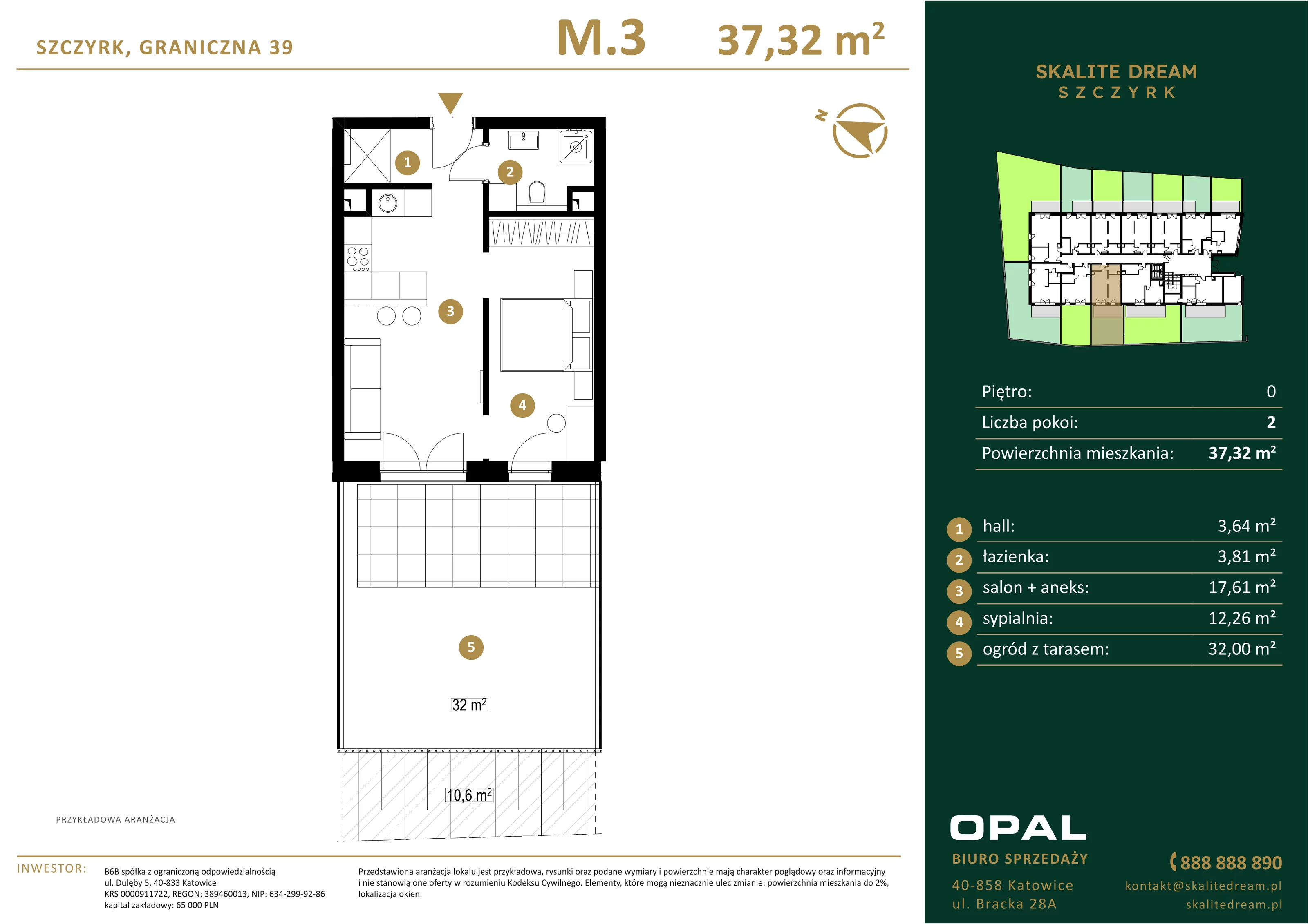 2 pokoje, mieszkanie 37,32 m², parter, oferta nr 3, Skalite Dream, Szczyrk, ul. Graniczna 39