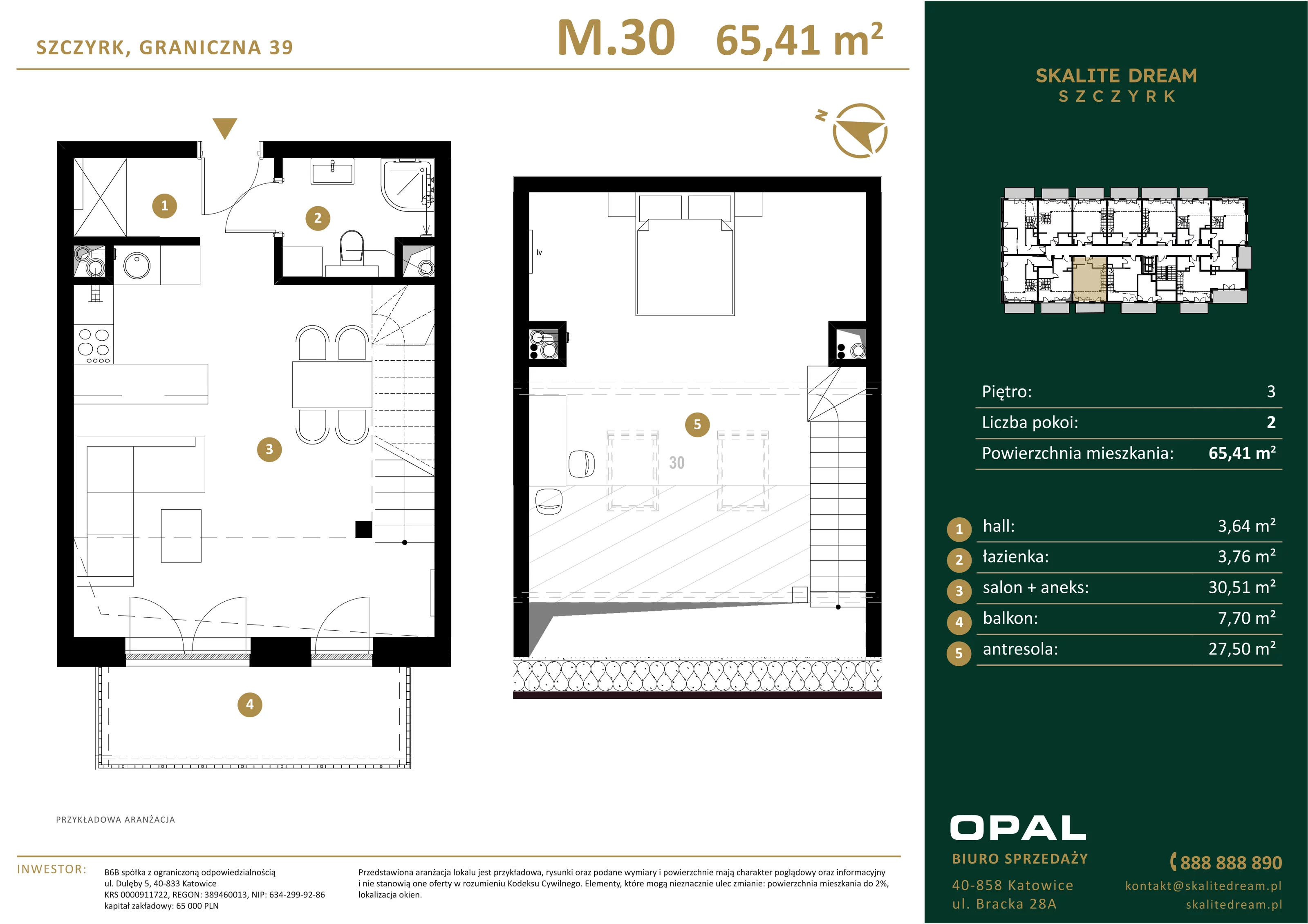 2 pokoje, mieszkanie 65,41 m², piętro 3, oferta nr 30, Skalite Dream, Szczyrk, ul. Graniczna 39