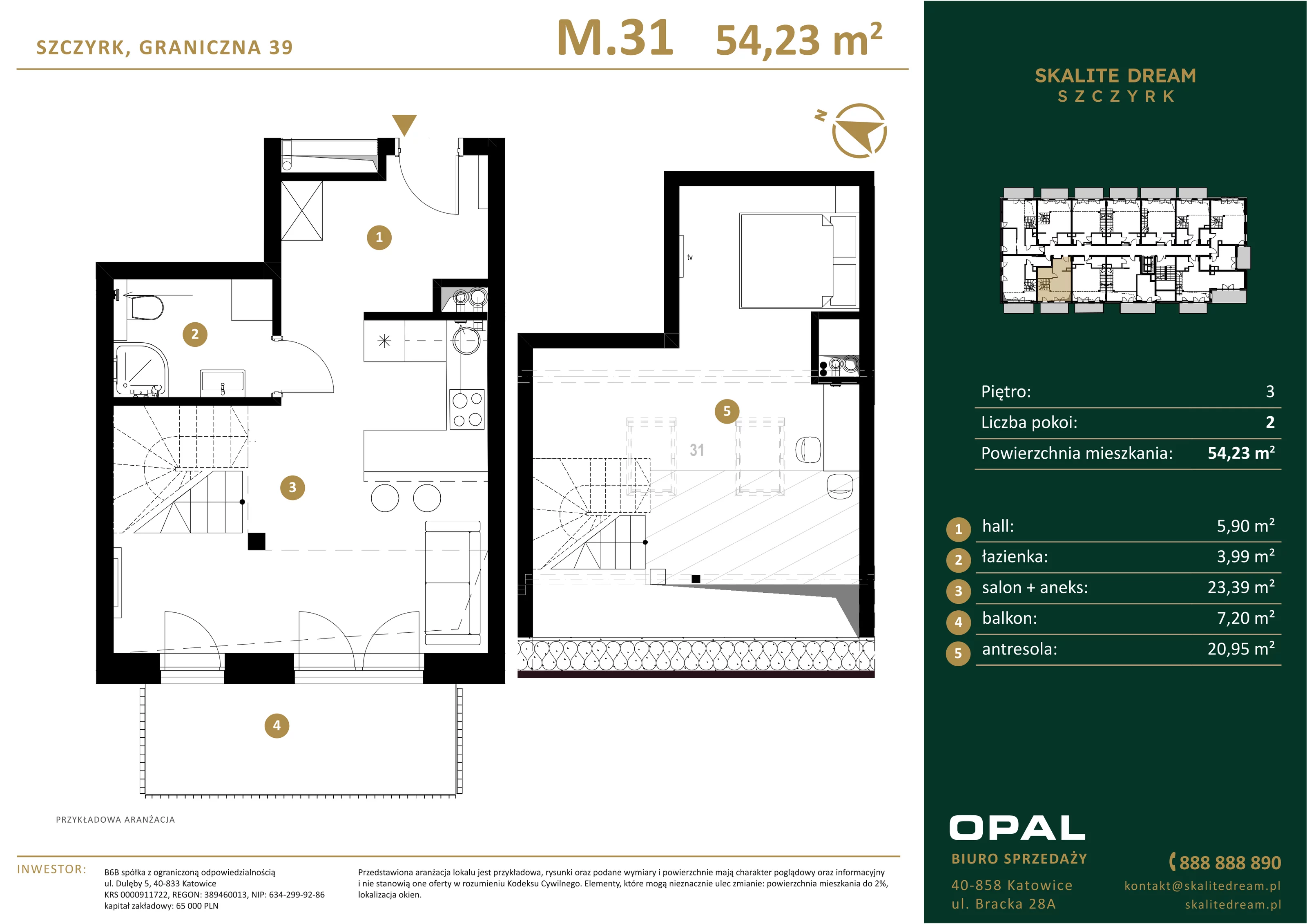 2 pokoje, mieszkanie 54,23 m², piętro 3, oferta nr 31, Skalite Dream, Szczyrk, ul. Graniczna 39
