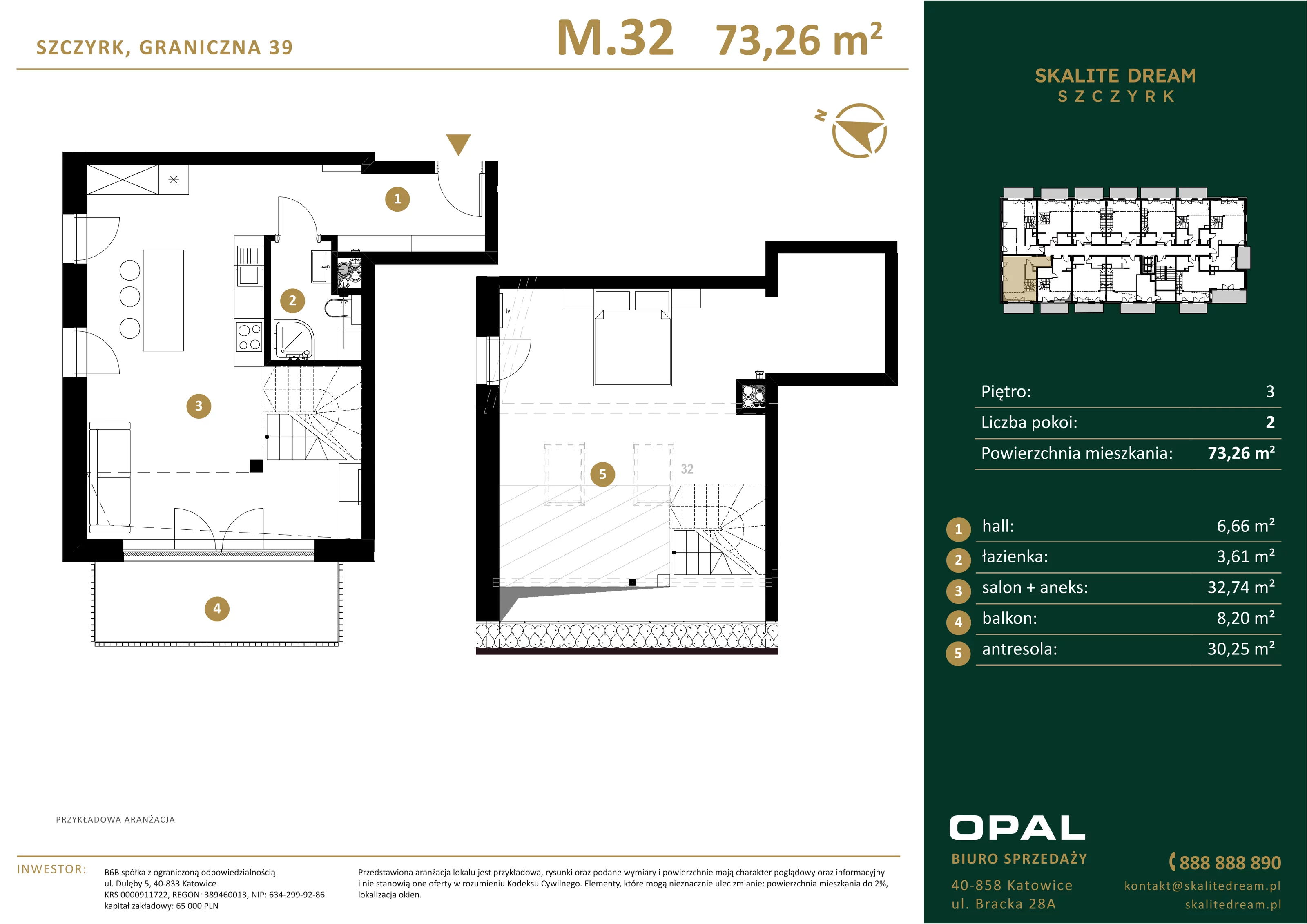 2 pokoje, mieszkanie 73,26 m², piętro 3, oferta nr 32, Skalite Dream, Szczyrk, ul. Graniczna 39
