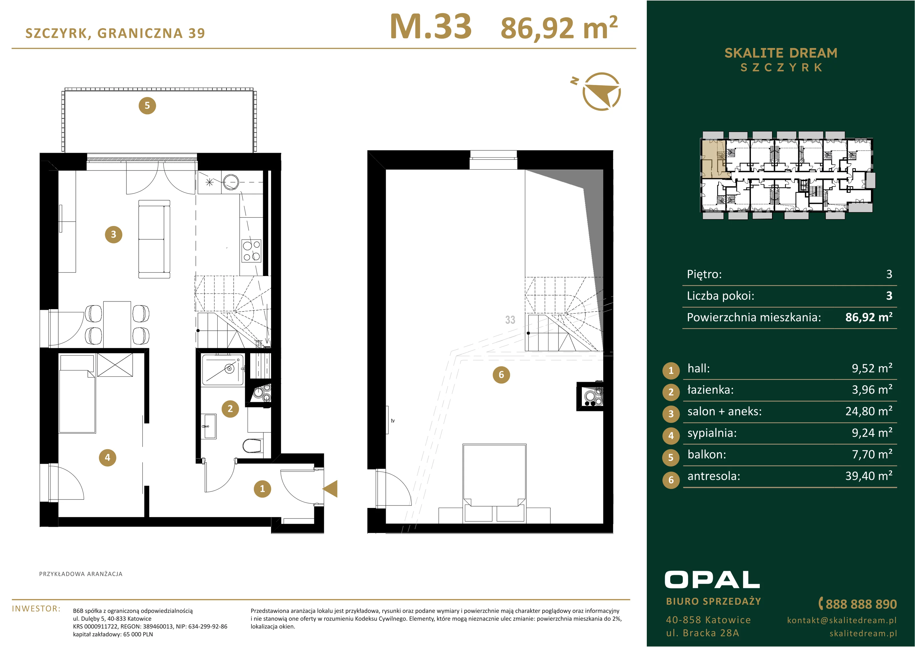 3 pokoje, mieszkanie 86,92 m², piętro 3, oferta nr 33, Skalite Dream, Szczyrk, ul. Graniczna 39
