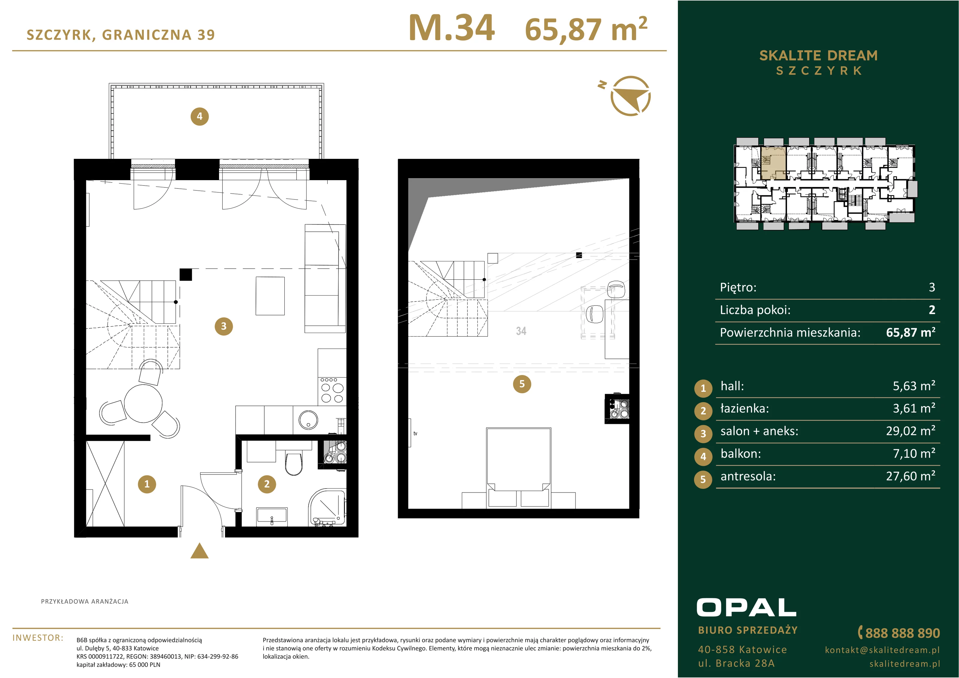 2 pokoje, mieszkanie 65,87 m², piętro 3, oferta nr 34, Skalite Dream, Szczyrk, ul. Graniczna 39
