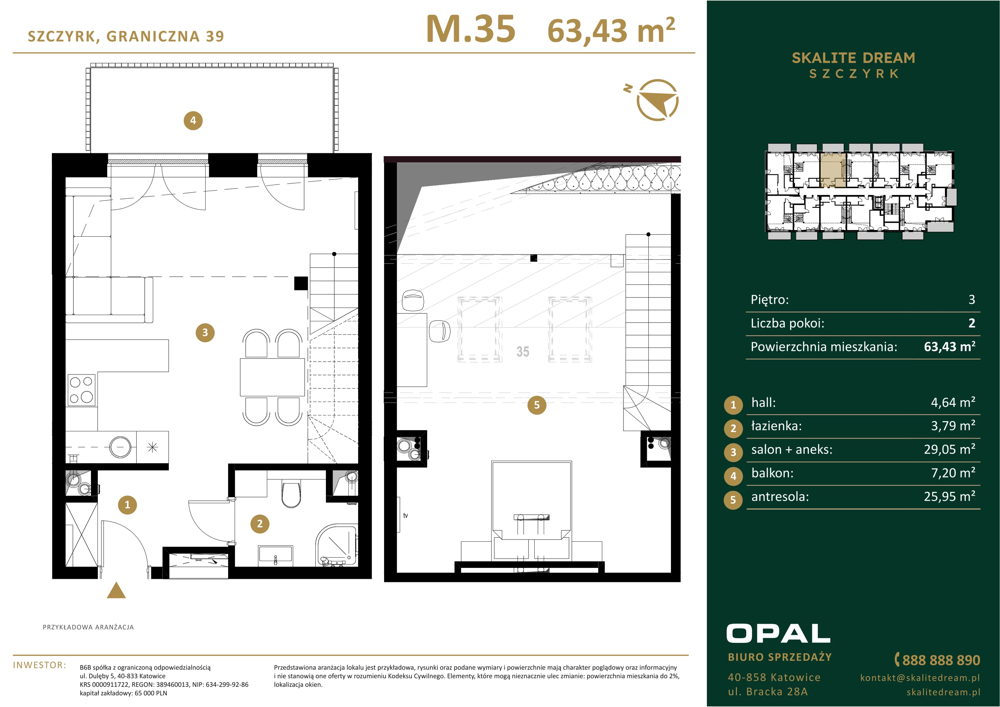 2 pokoje, mieszkanie 63,43 m², piętro 3, oferta nr 35, Skalite Dream, Szczyrk, ul. Graniczna 39