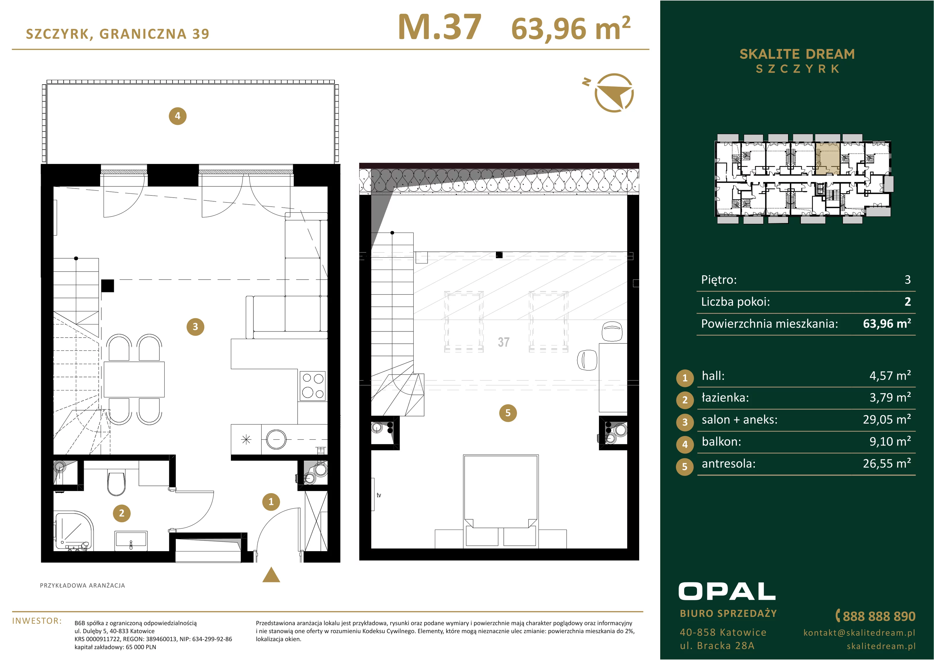 2 pokoje, mieszkanie 63,96 m², piętro 3, oferta nr 37, Skalite Dream, Szczyrk, ul. Graniczna 39