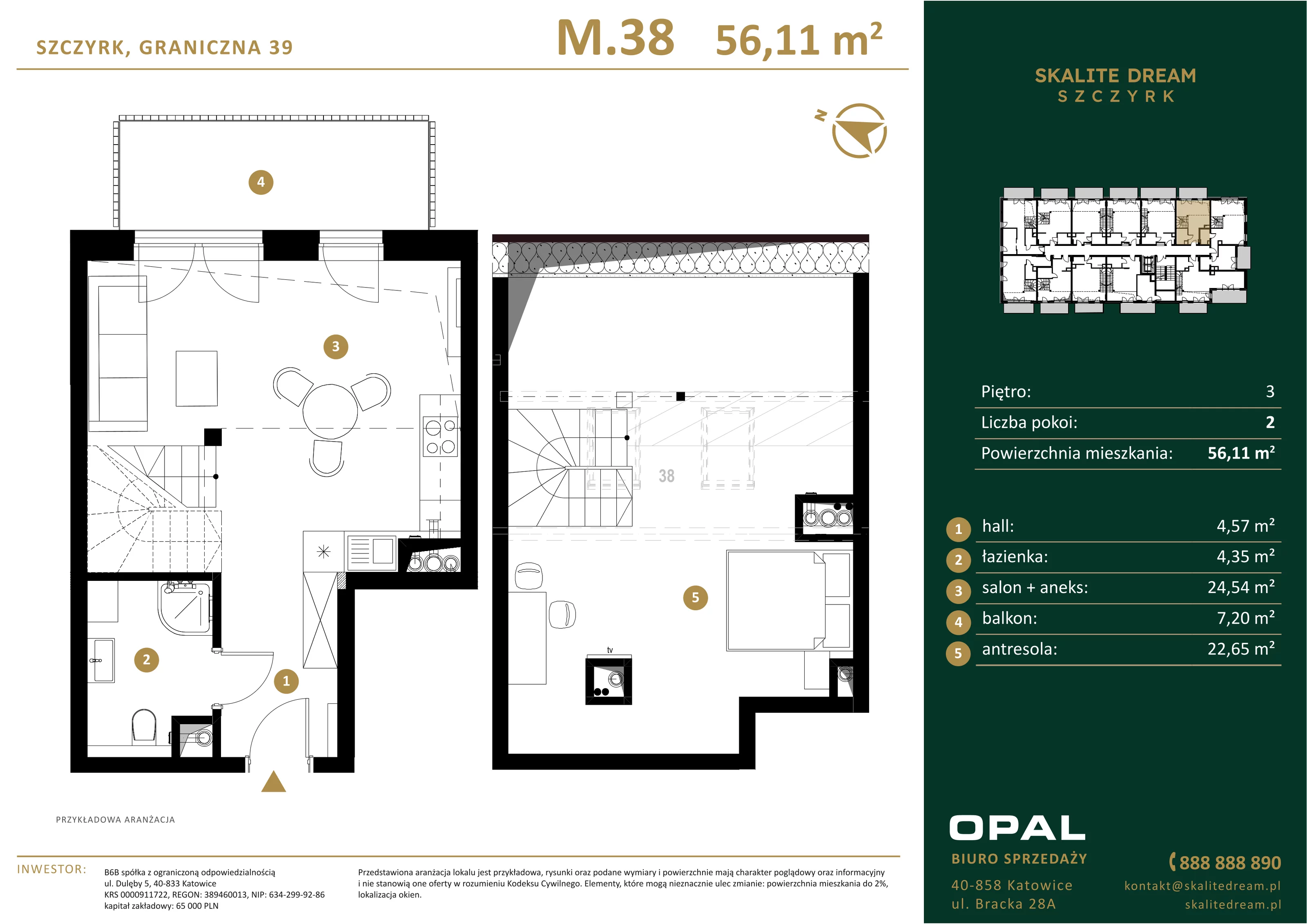 2 pokoje, mieszkanie 56,11 m², piętro 3, oferta nr 38, Skalite Dream, Szczyrk, ul. Graniczna 39