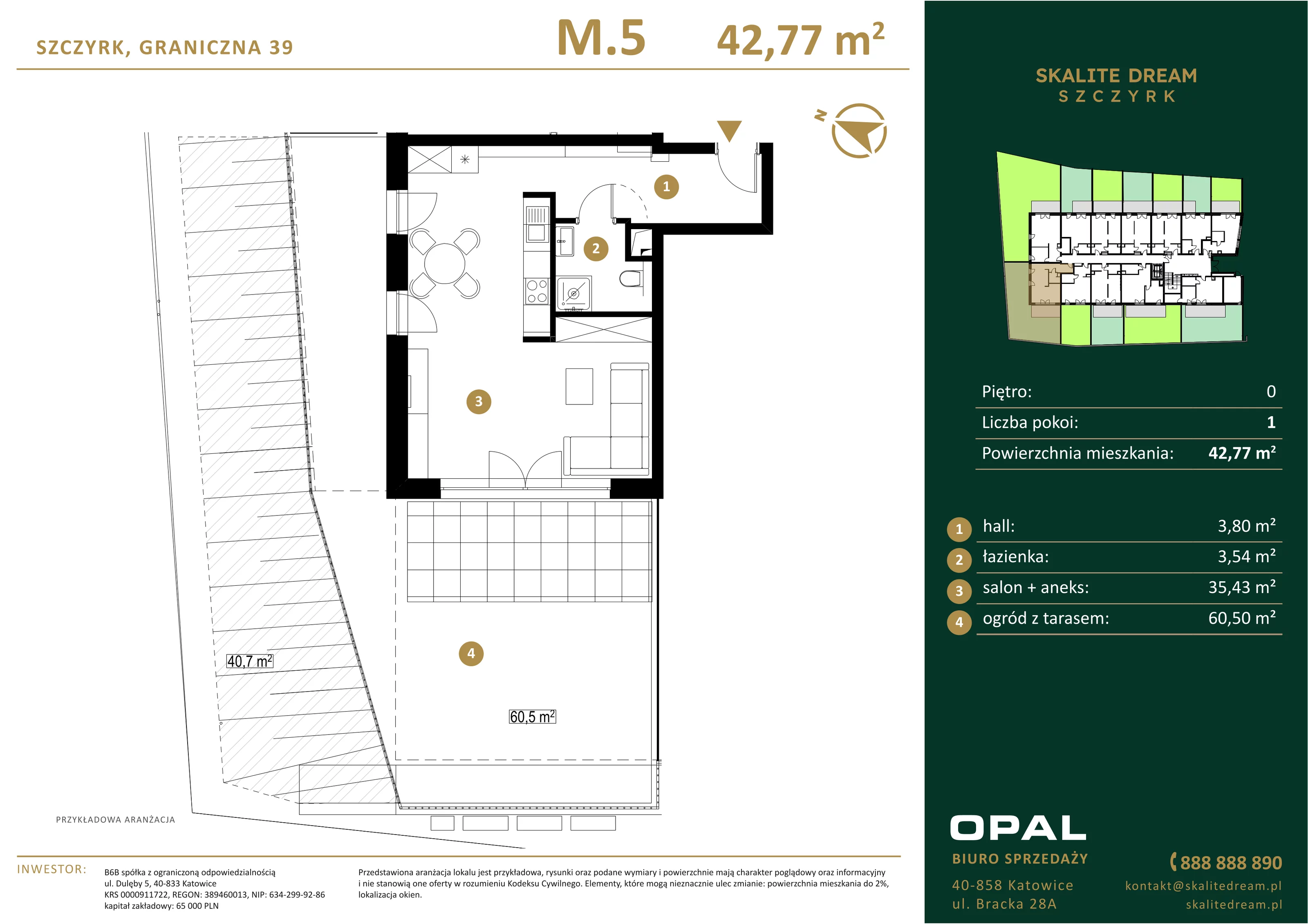 2 pokoje, mieszkanie 42,77 m², parter, oferta nr 5, Skalite Dream, Szczyrk, ul. Graniczna 39