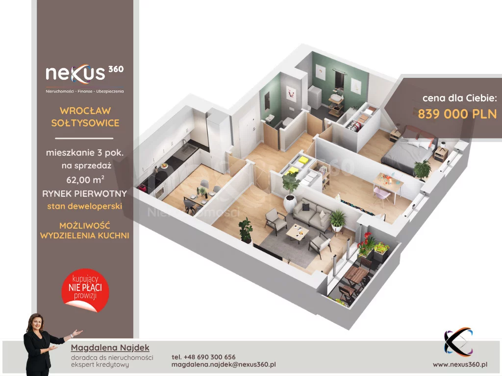 3 pokoje, mieszkanie 62,00 m², piętro 3, oferta nr , 121/17137/OMS, Wrocław, Sołtysowice, Lothara Herbsta