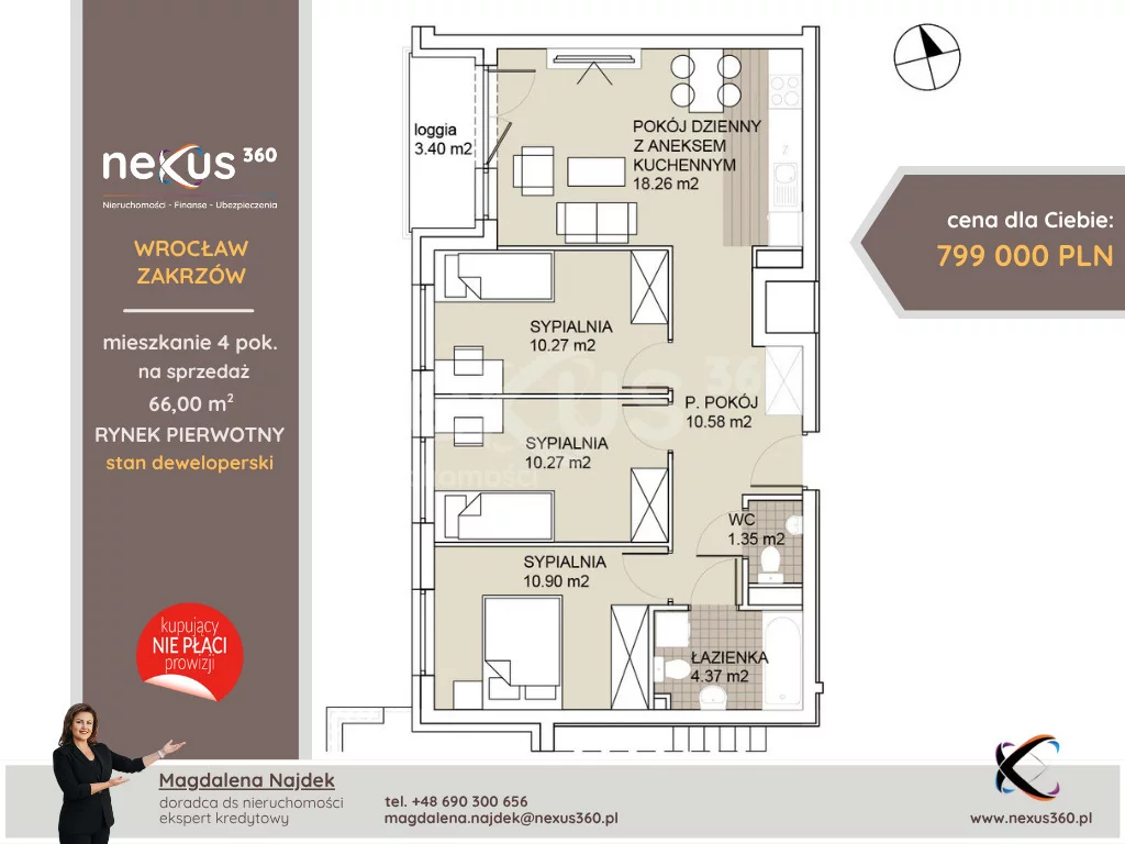4 pokoje, mieszkanie 66,00 m², piętro 1, oferta nr , 124/17137/OMS, Wrocław, Psie Pole-Zawidawie, Zakrzów, Odolanowska